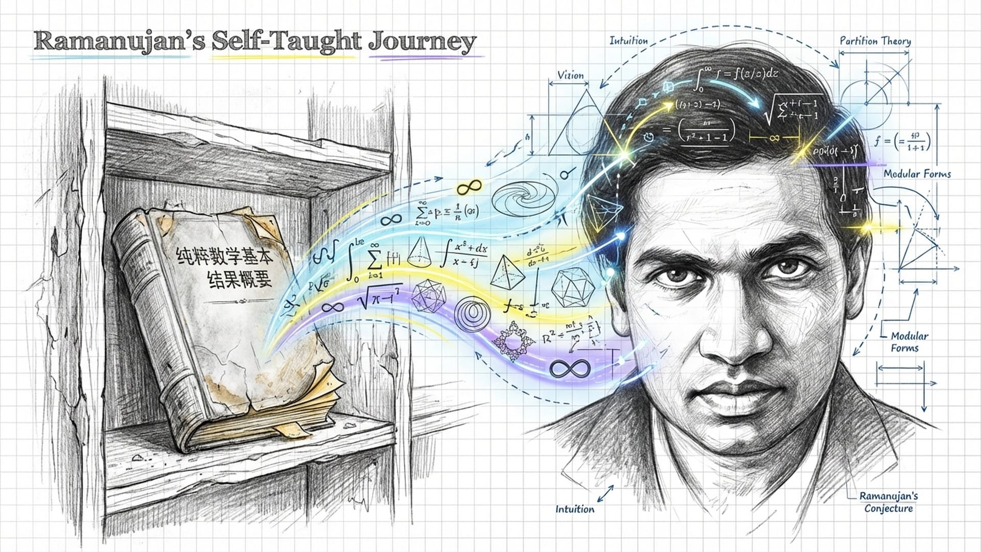 一本破旧泛黄的书籍《纯粹数学基本结果概要》，书页中飞出无数发光的几何形状和符号。