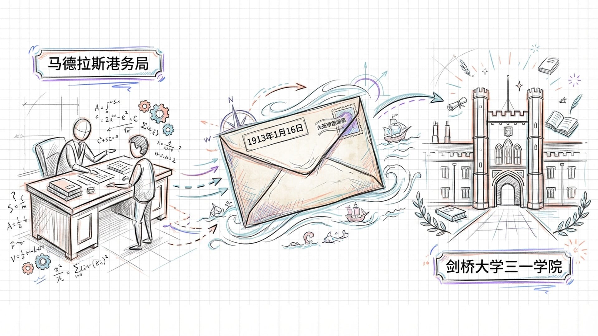 拉马努金与上司交互的办公场景，桌上堆满账本，一封贴着大英帝国邮票的信封正在飞越海洋。