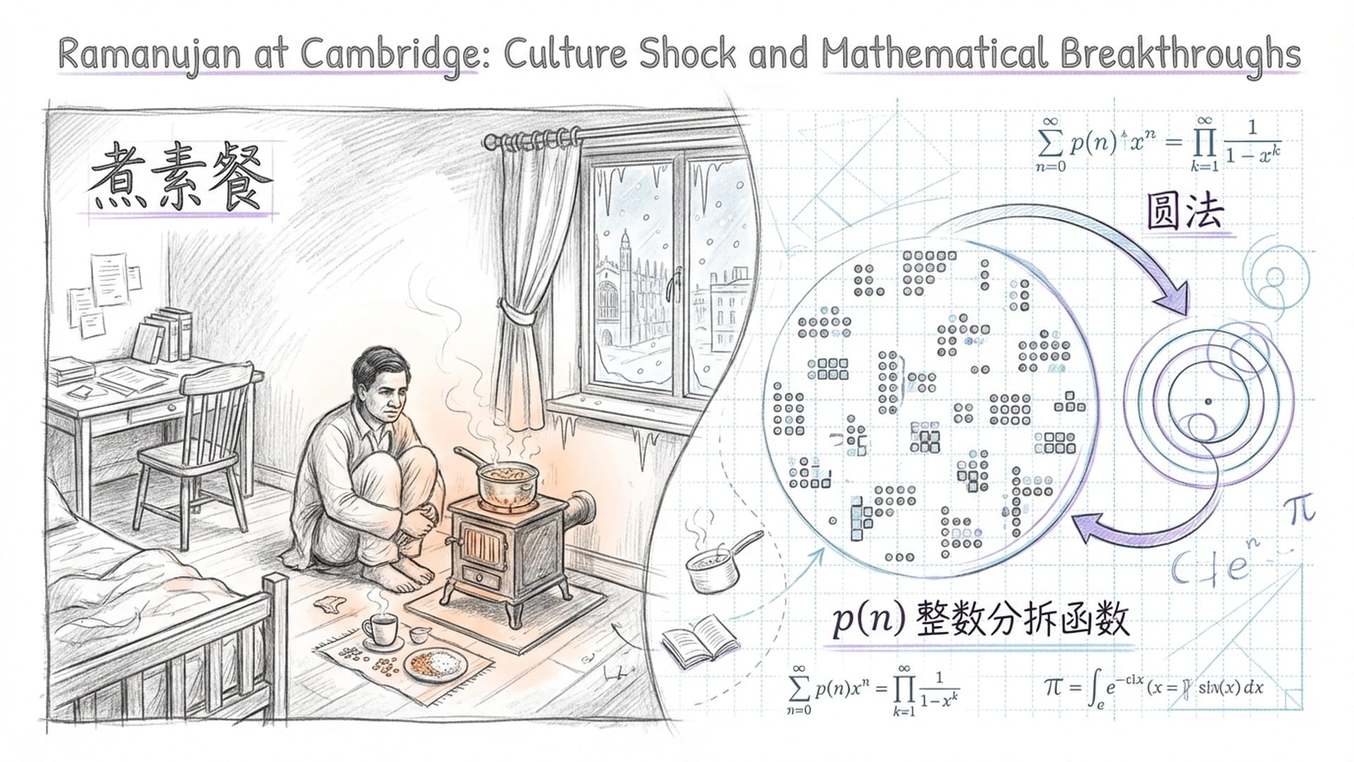 剑桥学院的雪景，拉马努金在室内对着小火炉煮素餐，窗外是冷战阴云。
