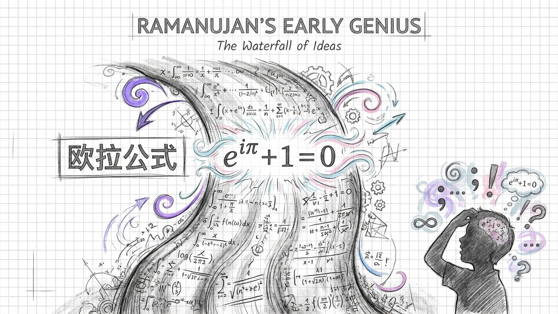 数学公式如瀑布般流淌，欧拉公式位于中央，石板上密密麻麻的演算痕迹。