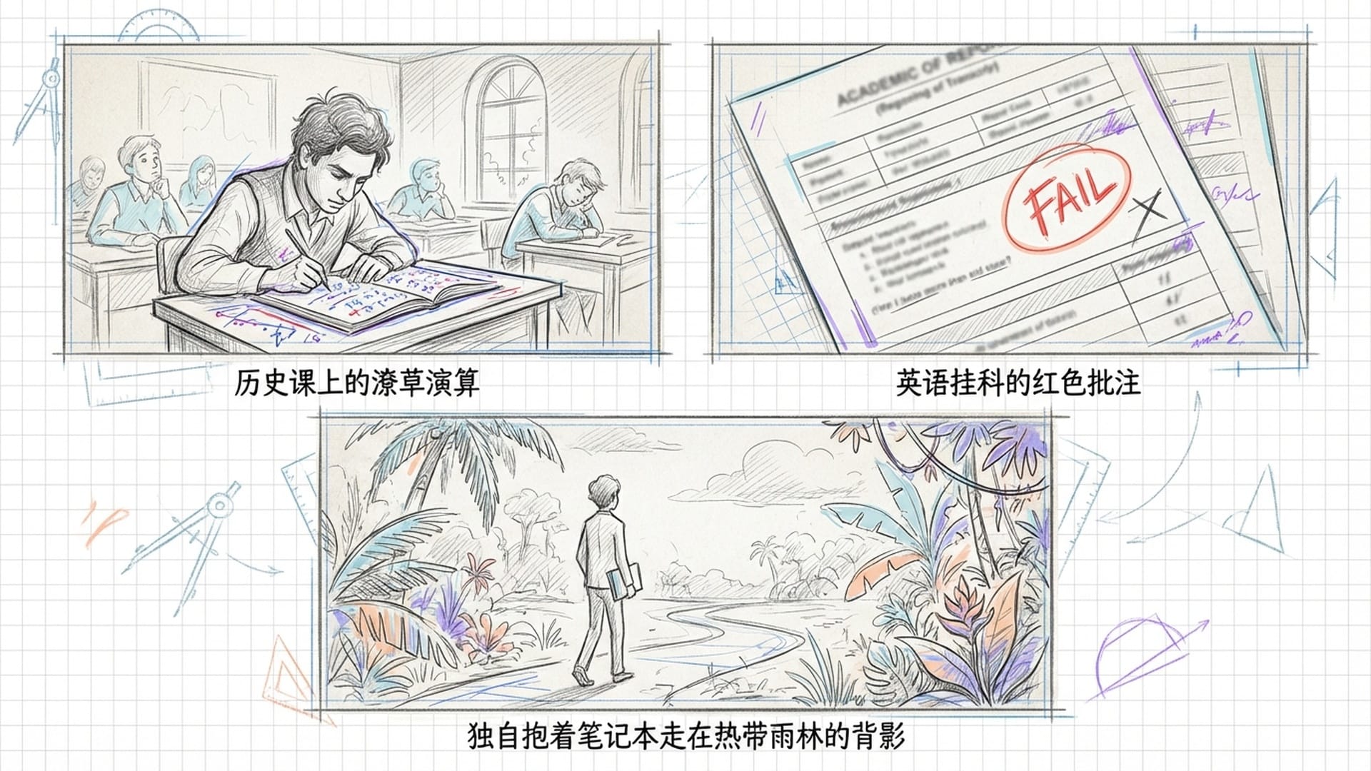 学院的红砖建筑，堆满挂科成绩单的课桌，对比拉马努金全神贯注演算数学的特写。