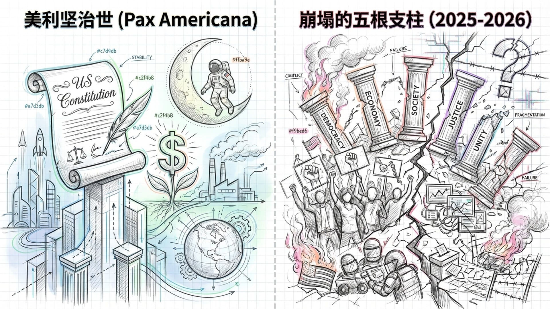 分屏对比，左侧是20世纪美国的辉煌（宪法、登月、美元），右侧是2026年的混乱（街头抗议、分裂的政治）。