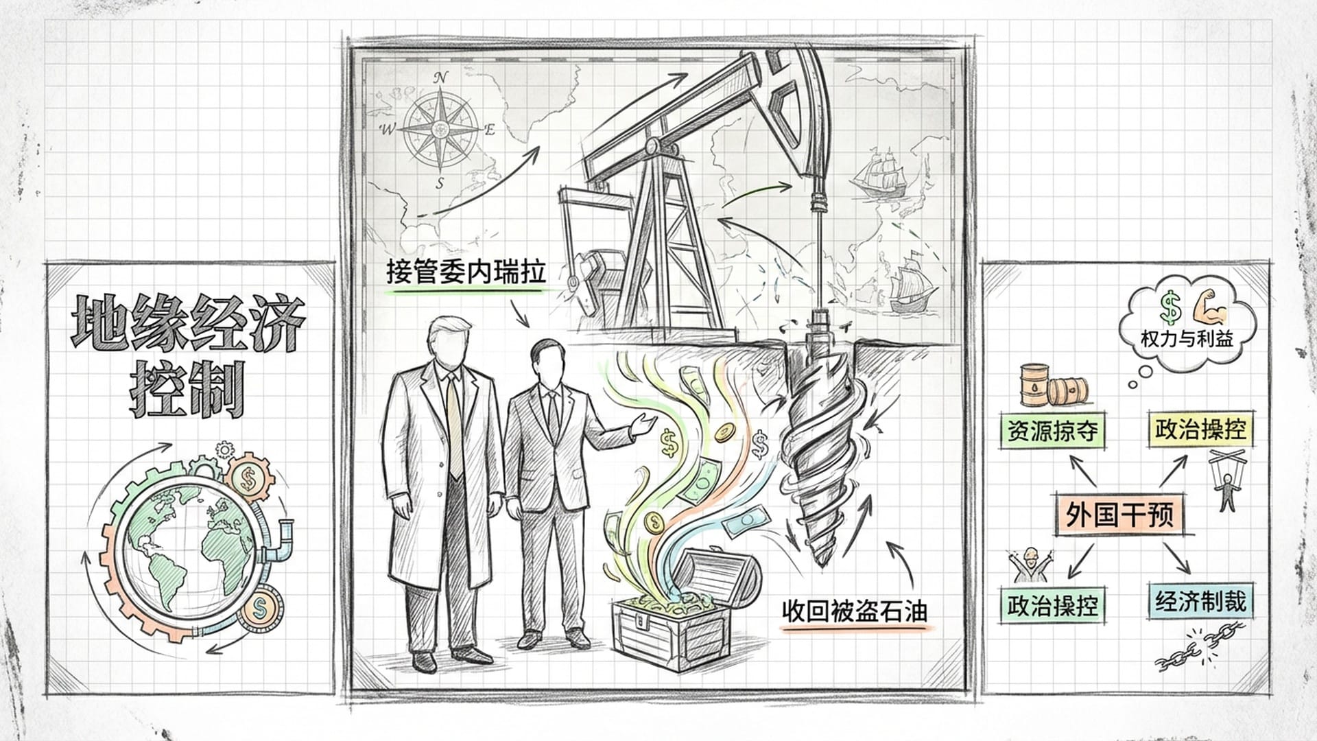 特朗普与卢比奥的剪影在石油钻井平台前，钻头深入地面，流出的不是石油而是金钱，背景带有复古殖民主义插画风格。
