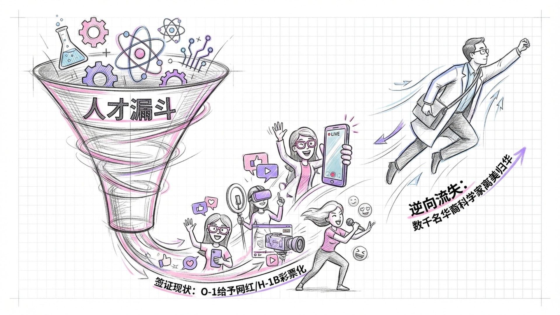 一个漏斗，顶端是全球顶尖科学家，但漏斗底部却流出了网红和直播主，STEM人才被排斥。一侧是华裔科学家向东方飞去的剪影。