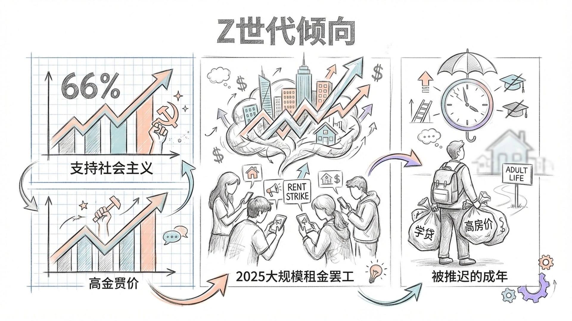 Z世代年轻人在高房价的阴影下生活，他们在手机屏幕上进行“租金罢工”的组织，背景是社会主义好感度的上升曲线图。