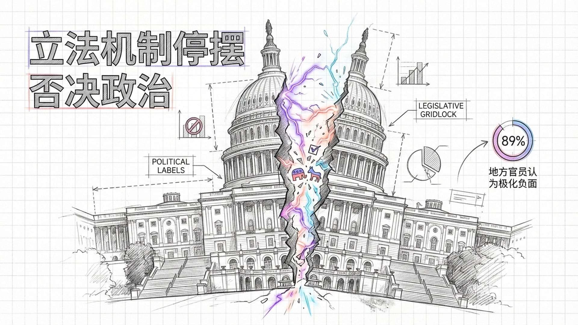 美国国会大厦被蓝红两色强力撕开，裂缝中产生电流火花，象征两党极化造成的制度瘫痪。