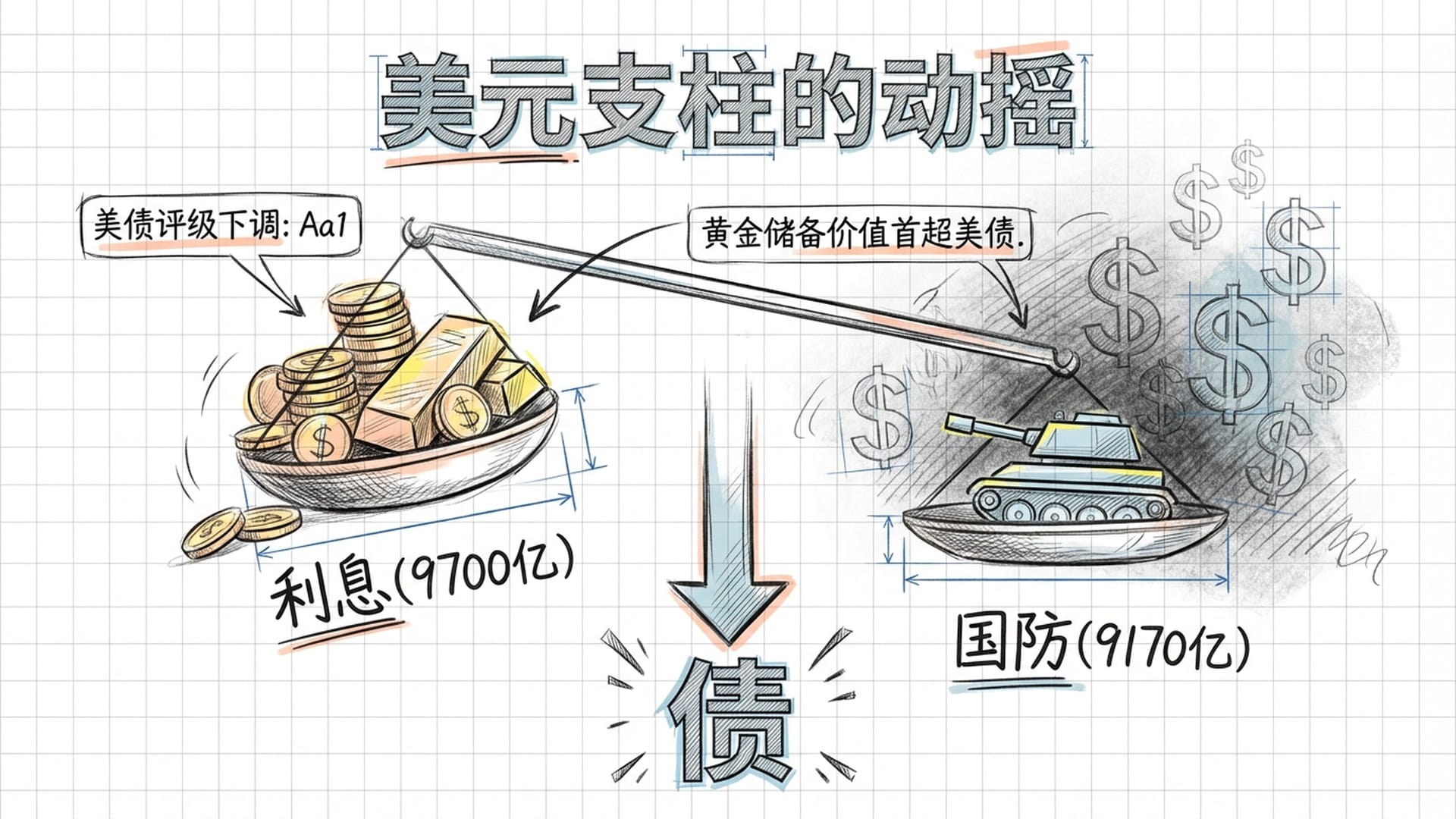 一个巨大的天平，左侧是利息支出的金币，右侧是国防支出的坦克，天平明显向债务倾斜。背景是逐渐变黑的美元符号。