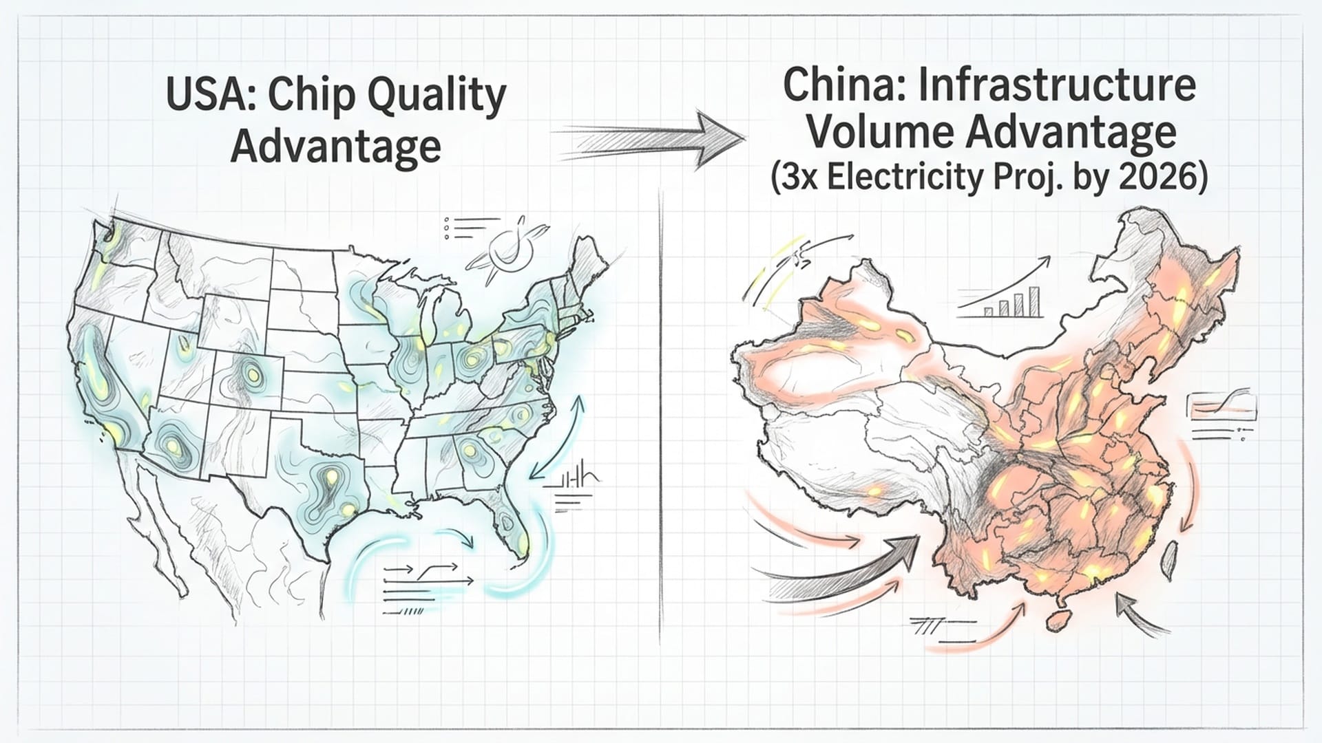 A world map focused on the US and China, with glowing data heatmaps showing energy generation and cluster capacity.