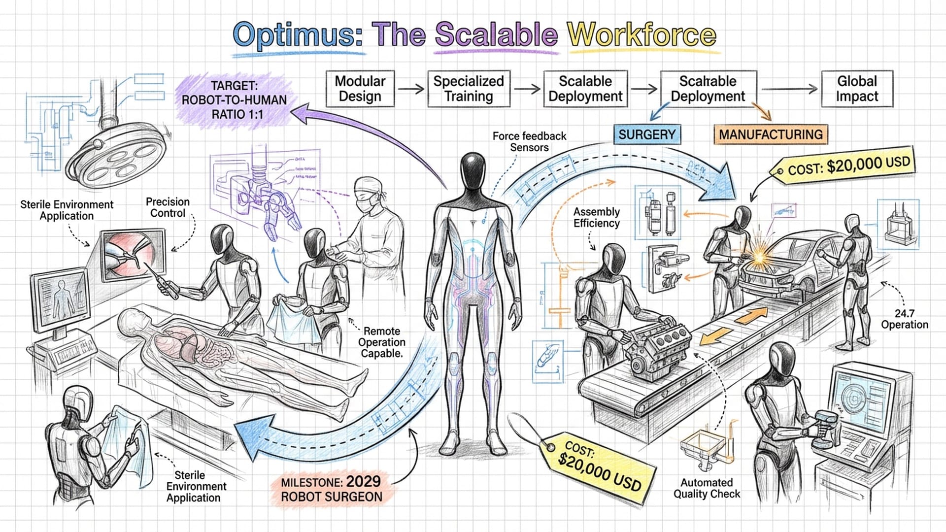 The Tesla Optimus robot standing in a surgical suite and a manufacturing line, appearing in millions as a scalable workforce.