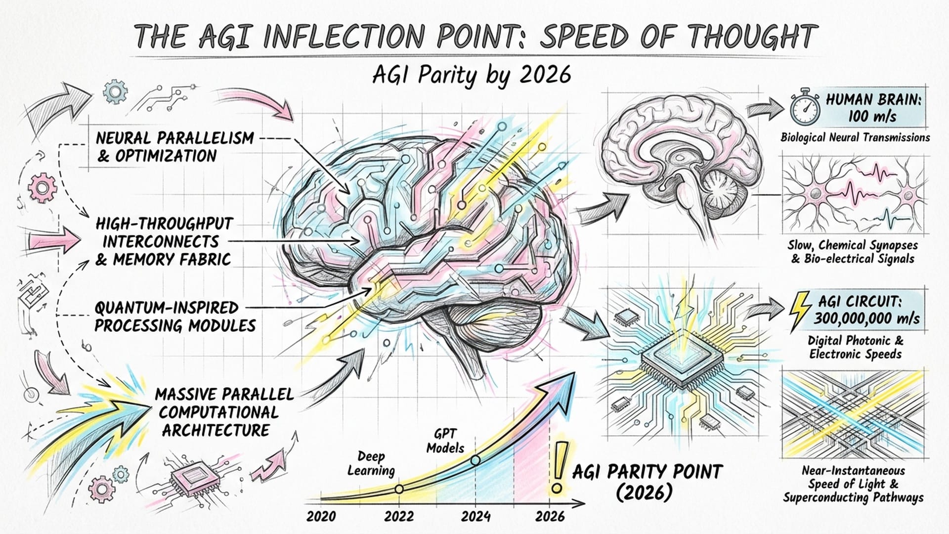 A digital brain flickering to life, comparing human neuron speeds to light-speed circuits, architectural tech data flowing in the background.