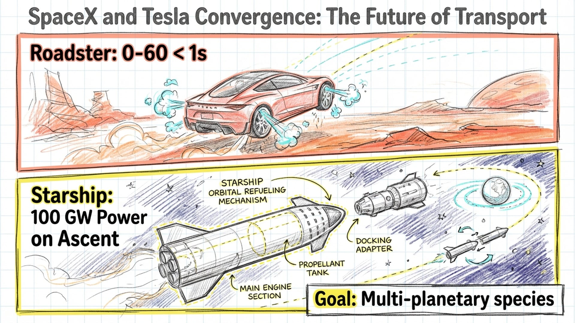 The Tesla Roadster hovering with SpaceX thrusters active, dust kicking up, side-by-side with a Starship preparing to refuel in orbit.