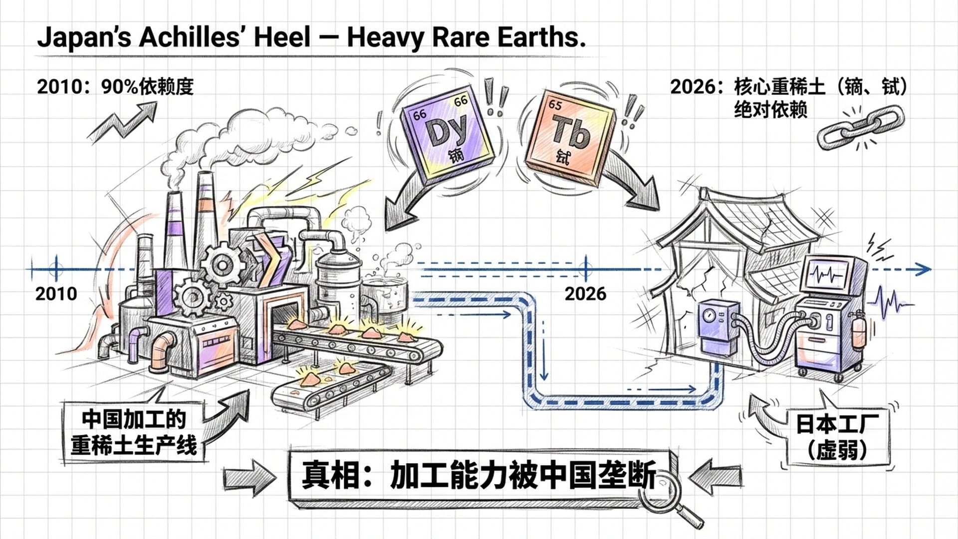 一条中国加工的重稀土生产线,连接着虚弱的日本工厂,呼吸机意象,稀土元素周期表高亮。