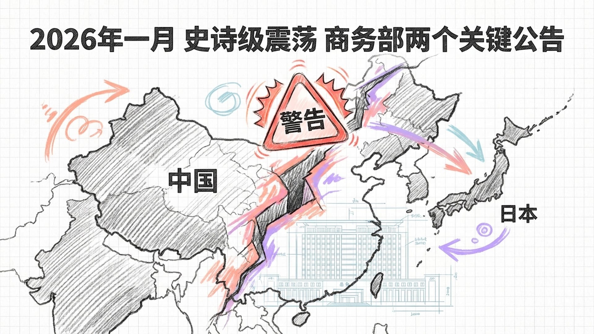 东亚地图,中国与日本之间闪烁的红色警告标志,地缘震荡的裂痕视觉,商务部大楼外观。