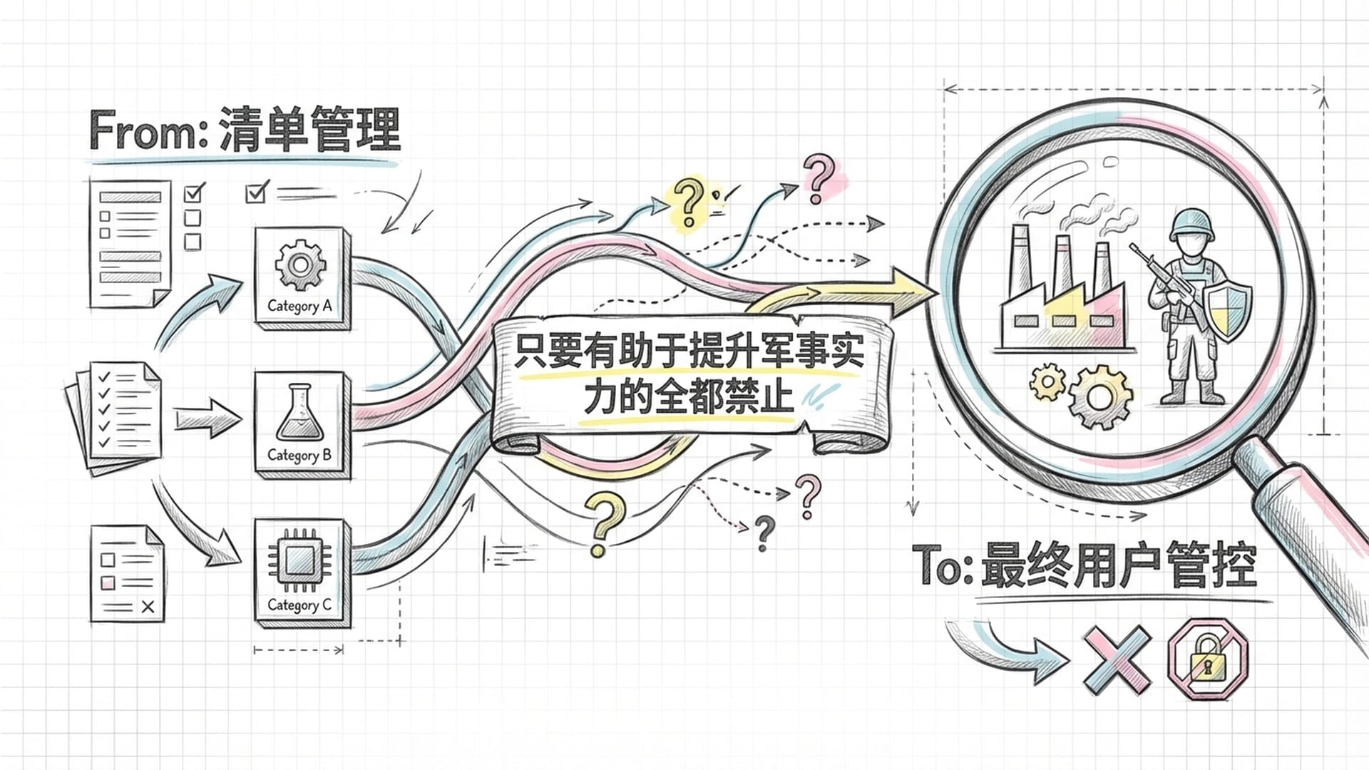 一个巨大的放大镜观察着最终用户(工厂和士兵),逻辑流程图展示从物品到用途的判定过程。