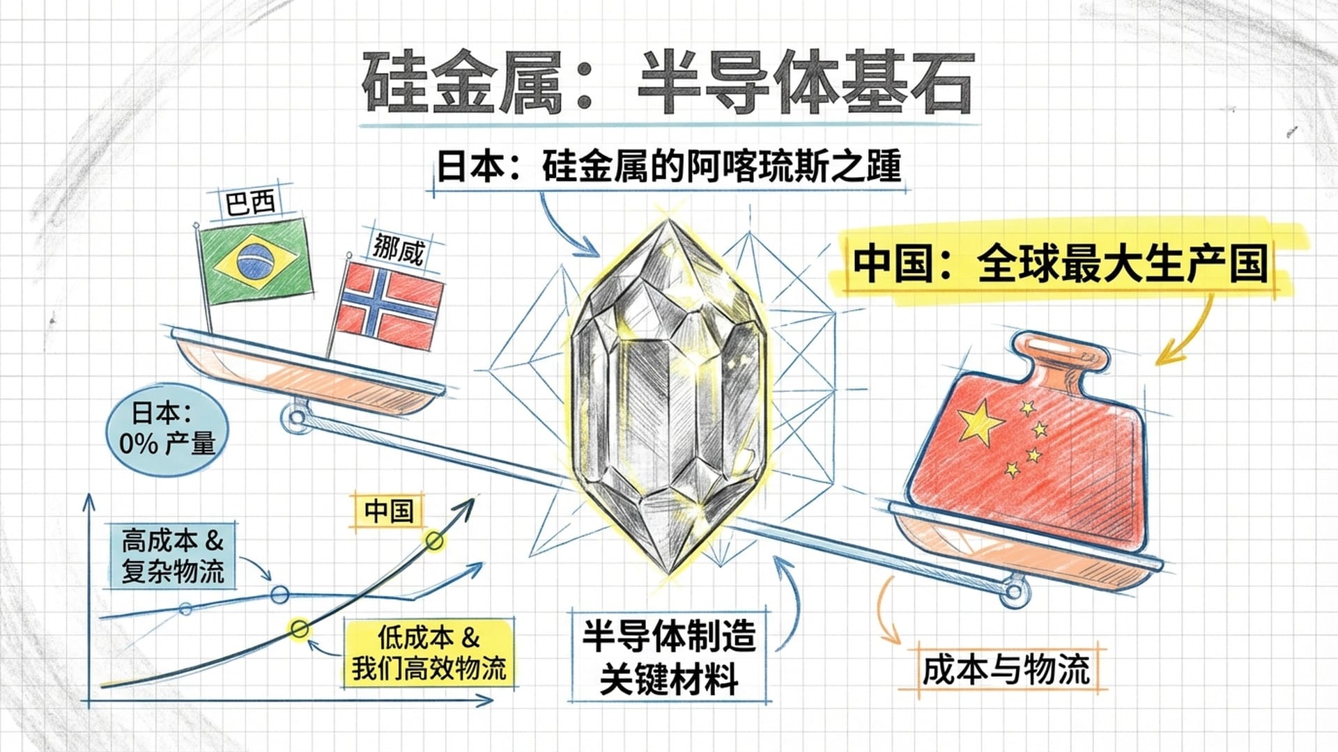 高纯度硅晶体,天平上的巴西/挪威旗帜与中国旗帜,成本与物流的对比线图。