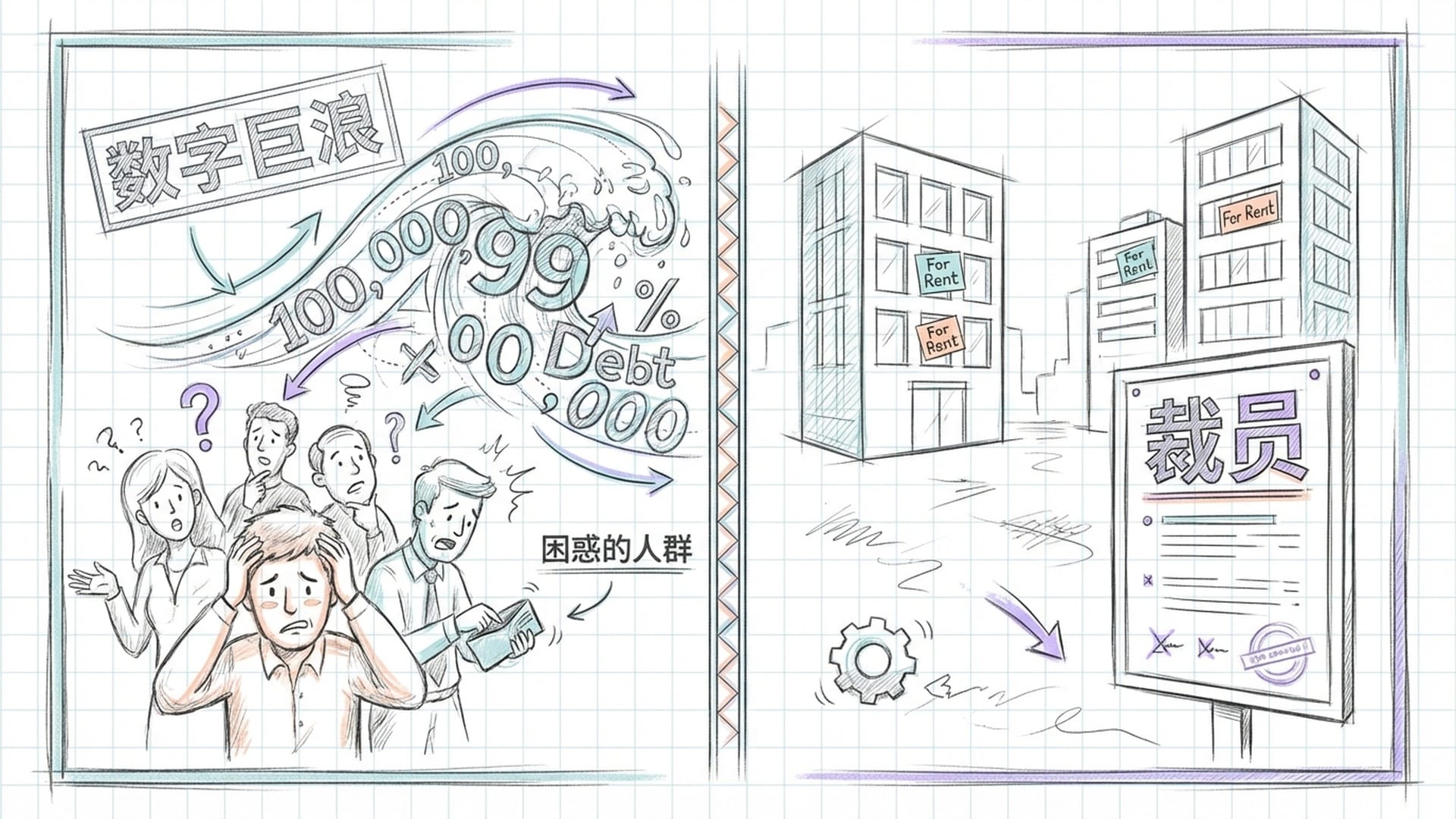 各种肤色的人群面露困惑,身后的数字巨浪(代表债务)正在逼近。另一侧是空的办公大楼和裁员的告示牌。