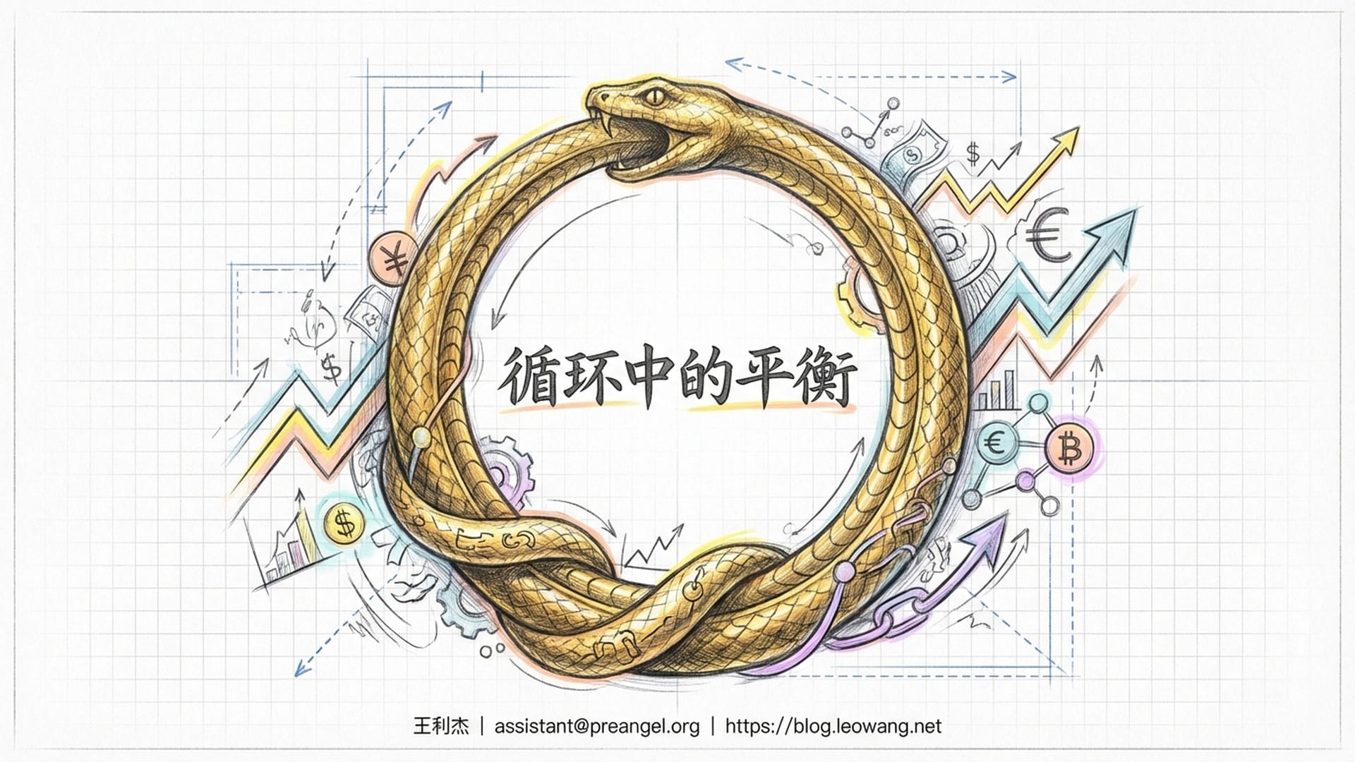 金色的衔尾蛇正在吞噬自己的尾巴,形成一个完美的圆形。蛇的身体由无数复杂的金融符号构成。整体光效柔和且稳定。