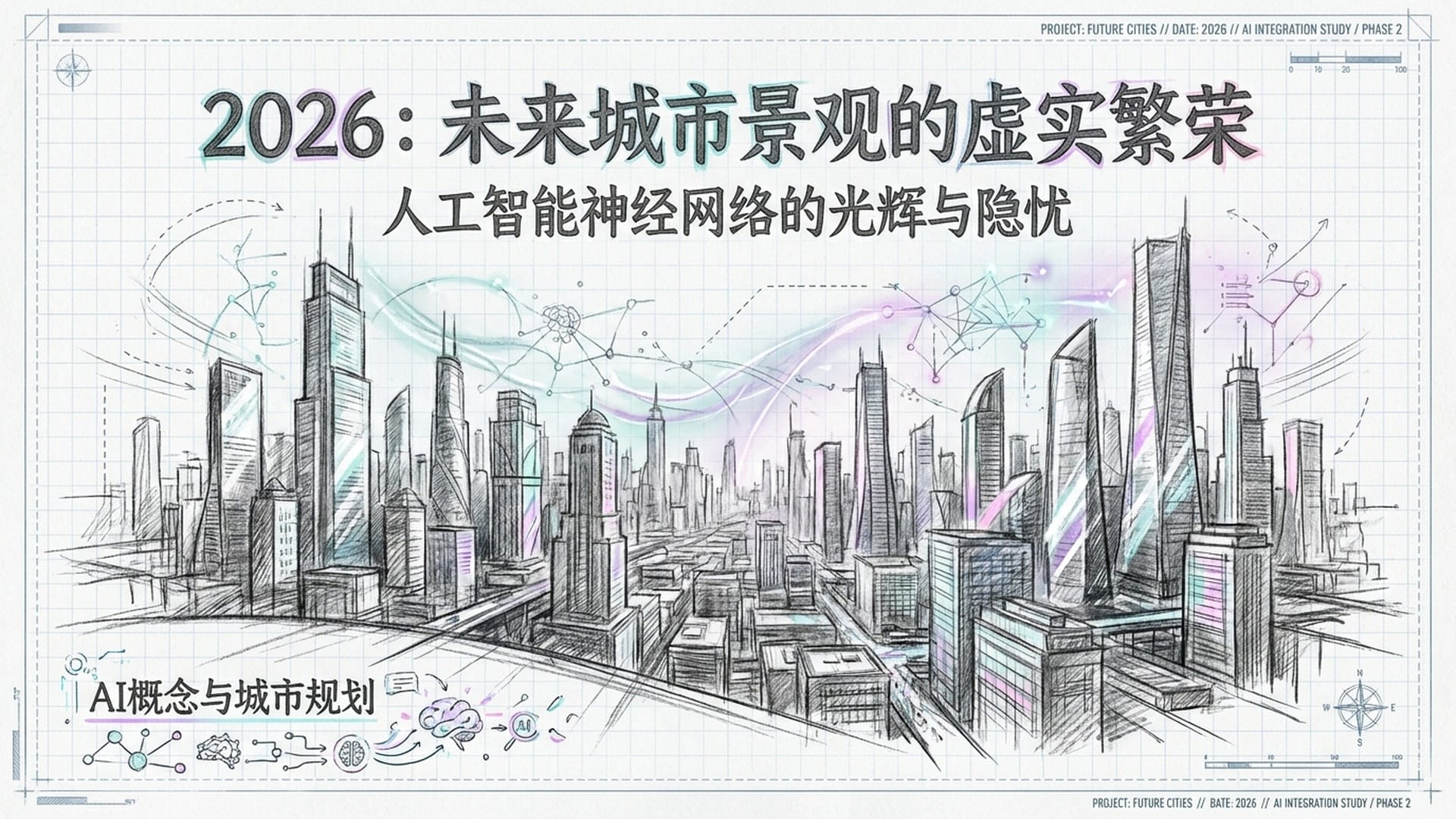 宽广的2026年城市远景,空中悬浮着AI神经网络的光效,呈现虚假的盛世景象。