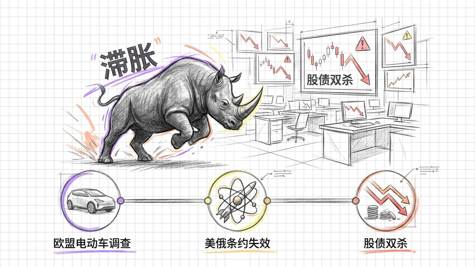 一只巨大的灰色犀牛在交易大厅内横冲直撞,屏幕上显示“滞胀”和下跌的红色K线。
