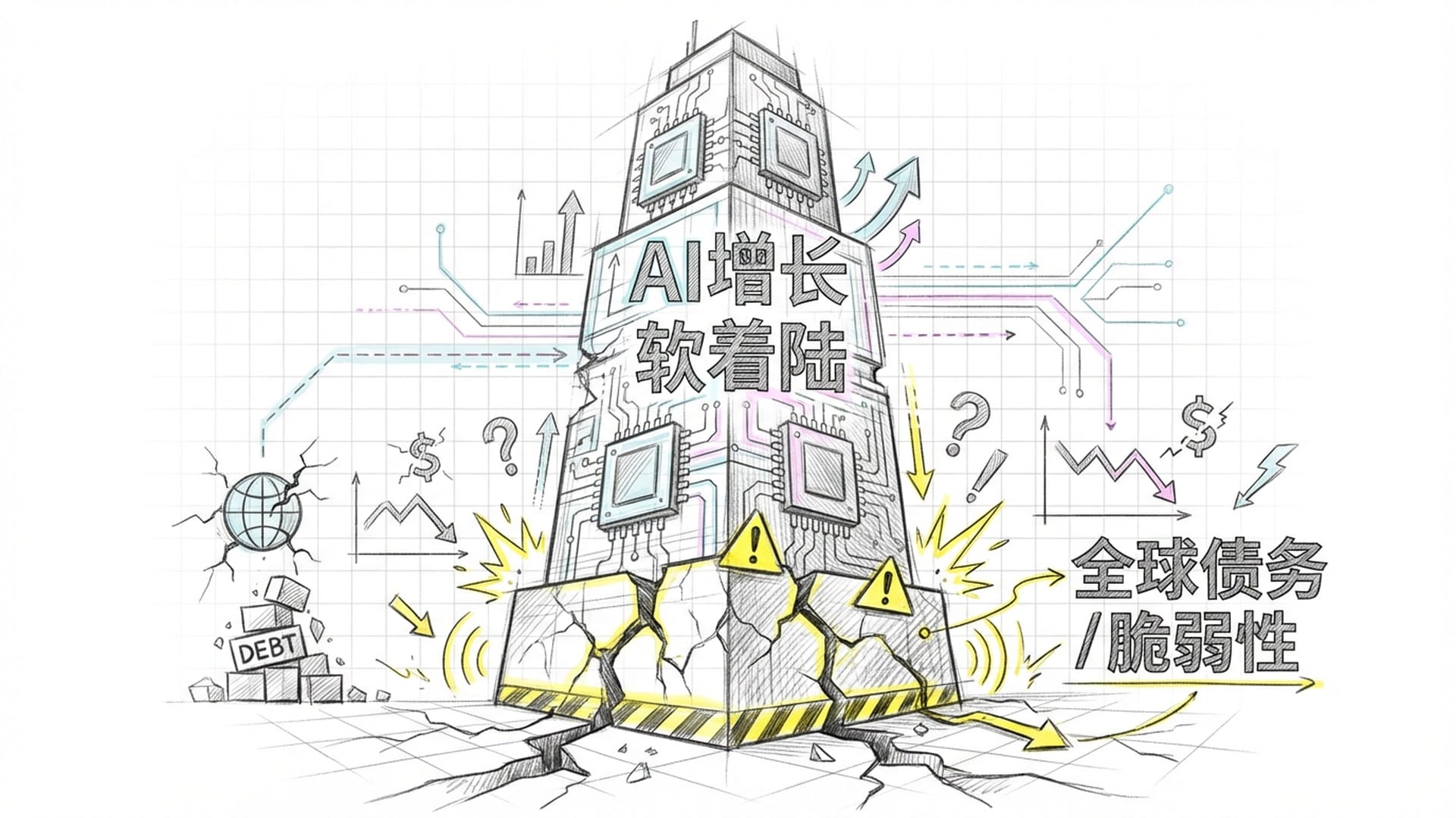 一栋由发光的AI芯片搭成的摩天大楼,地基部分已经出现明显的裂缝和债务数字。