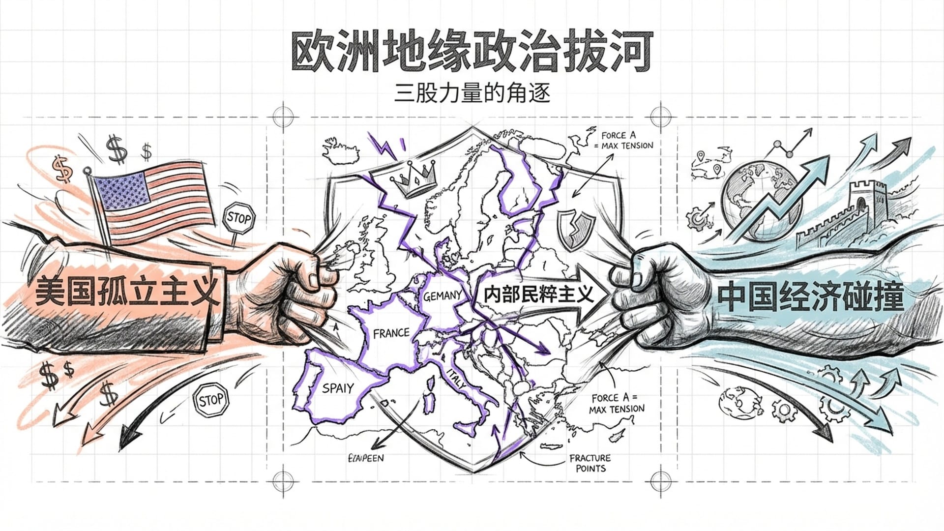 欧洲地图被三方力量拉扯:美国的孤立主义、中国的经济碰撞、内部的民粹主义。