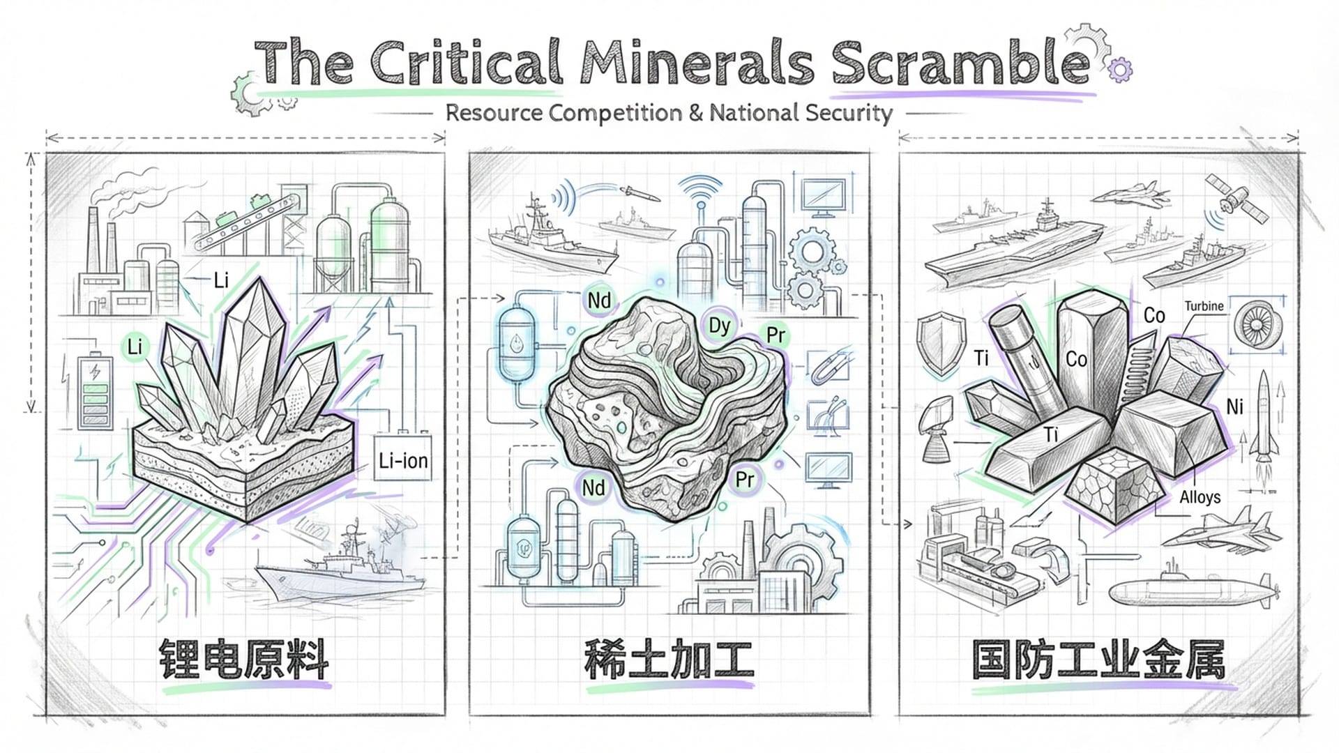各种关键矿产的特写(锂、稀土、稀有金属),背景是战舰和工厂的抽象轮廓。