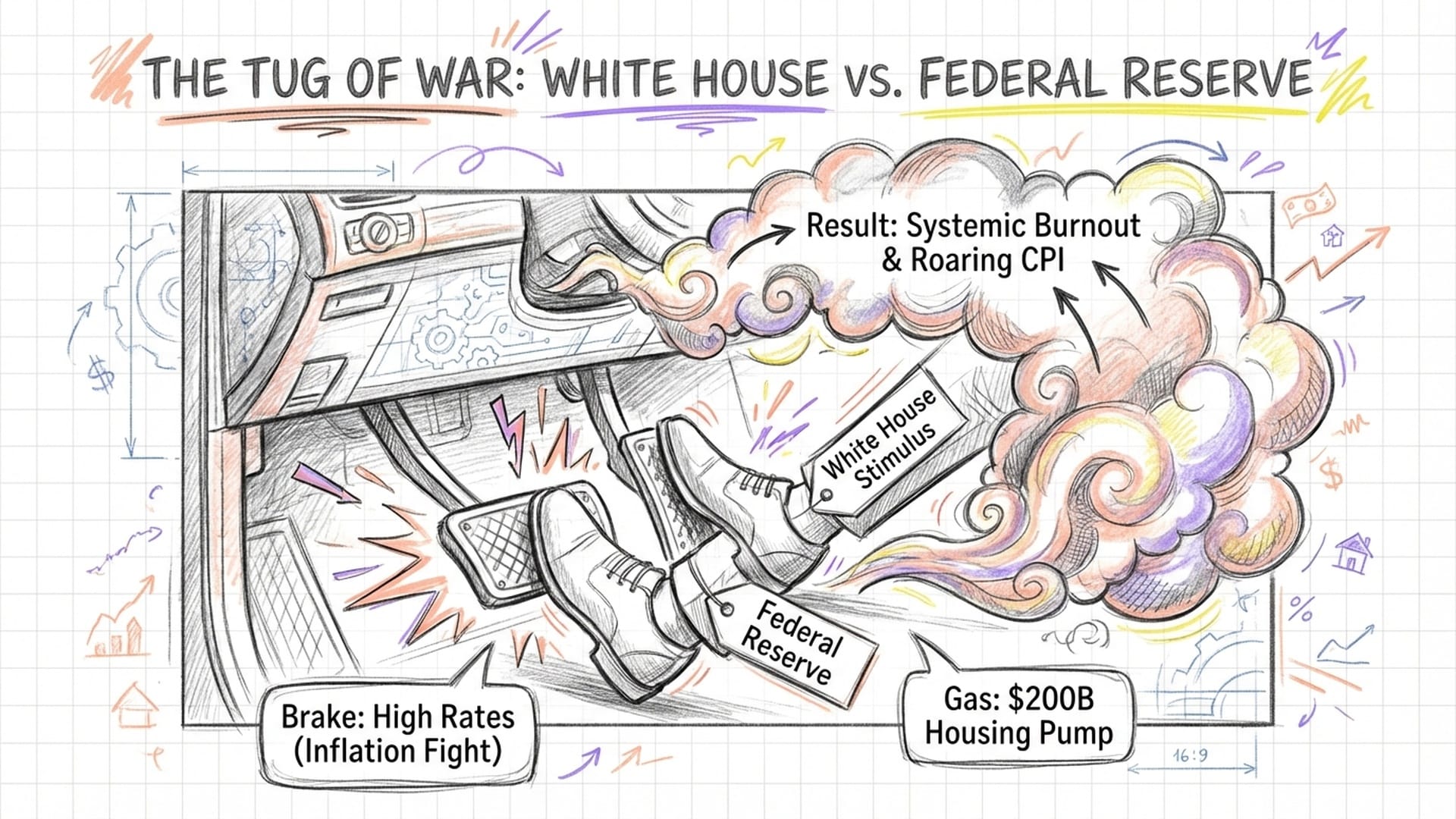 A conceptual image of a car dashboard. One foot is slamming the brake (labeled 'Federal Reserve') and another is slamming the gas (labeled 'White House Stimulus'). Smoke coming from the engine. Highlights in #ffba9e.