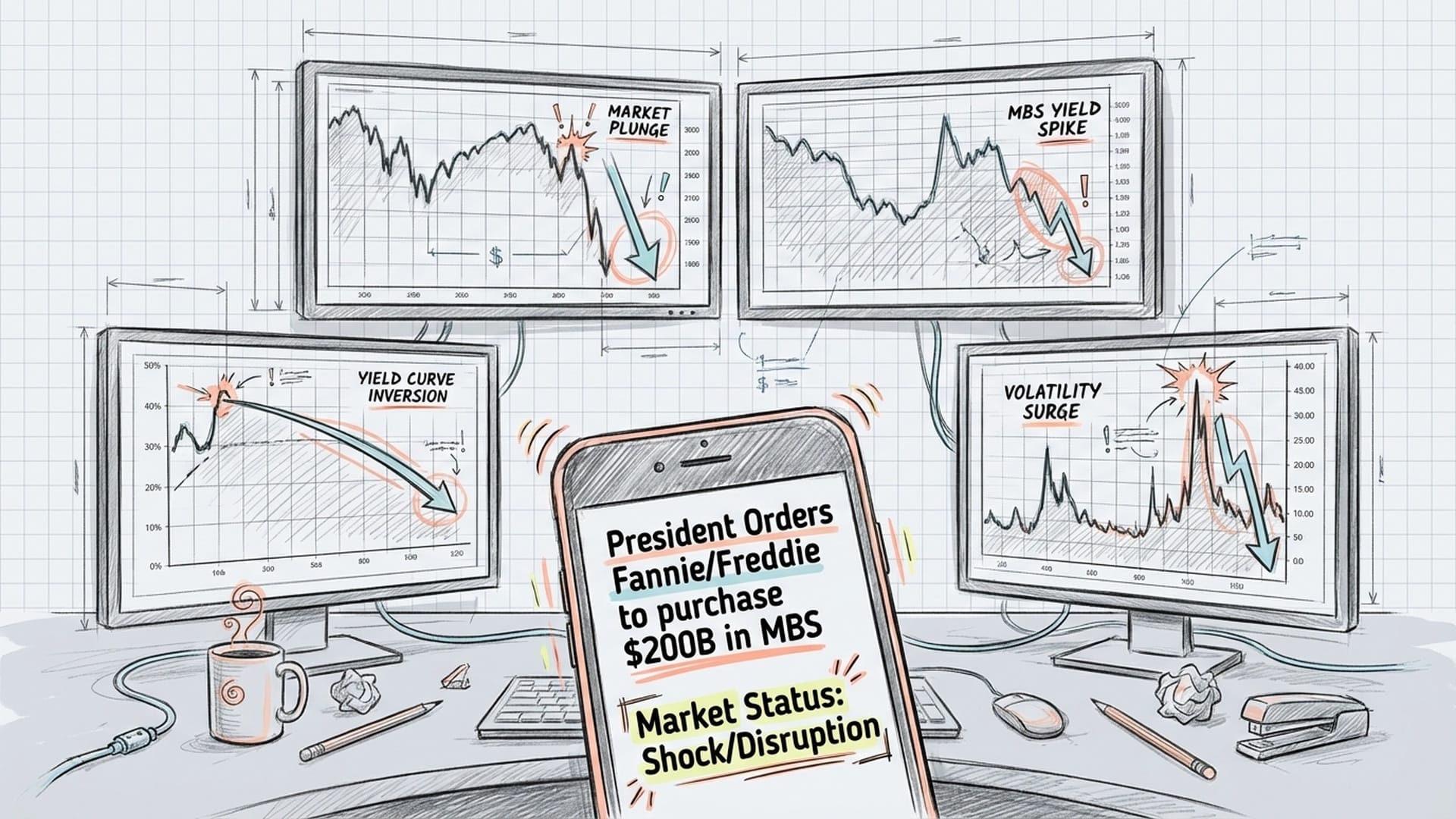 First-person view of a bond trader's desk with four monitors showing falling green charts. A smartphone in the foreground is buzzing with a presidential notification. Background uses #E5E7EB.