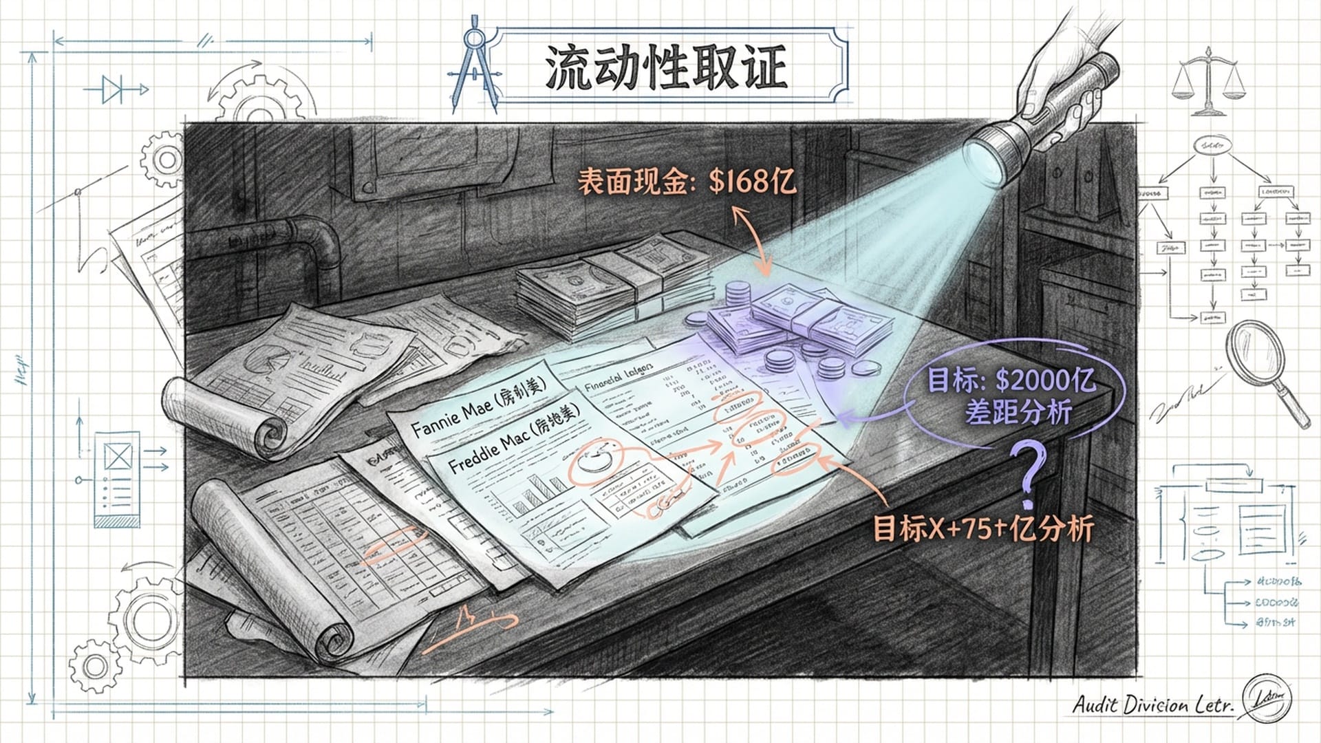 深色的实验室,桌上摆放着房利美和房地美的财务报表,手电筒光束照亮了账目中的'隐藏现金'