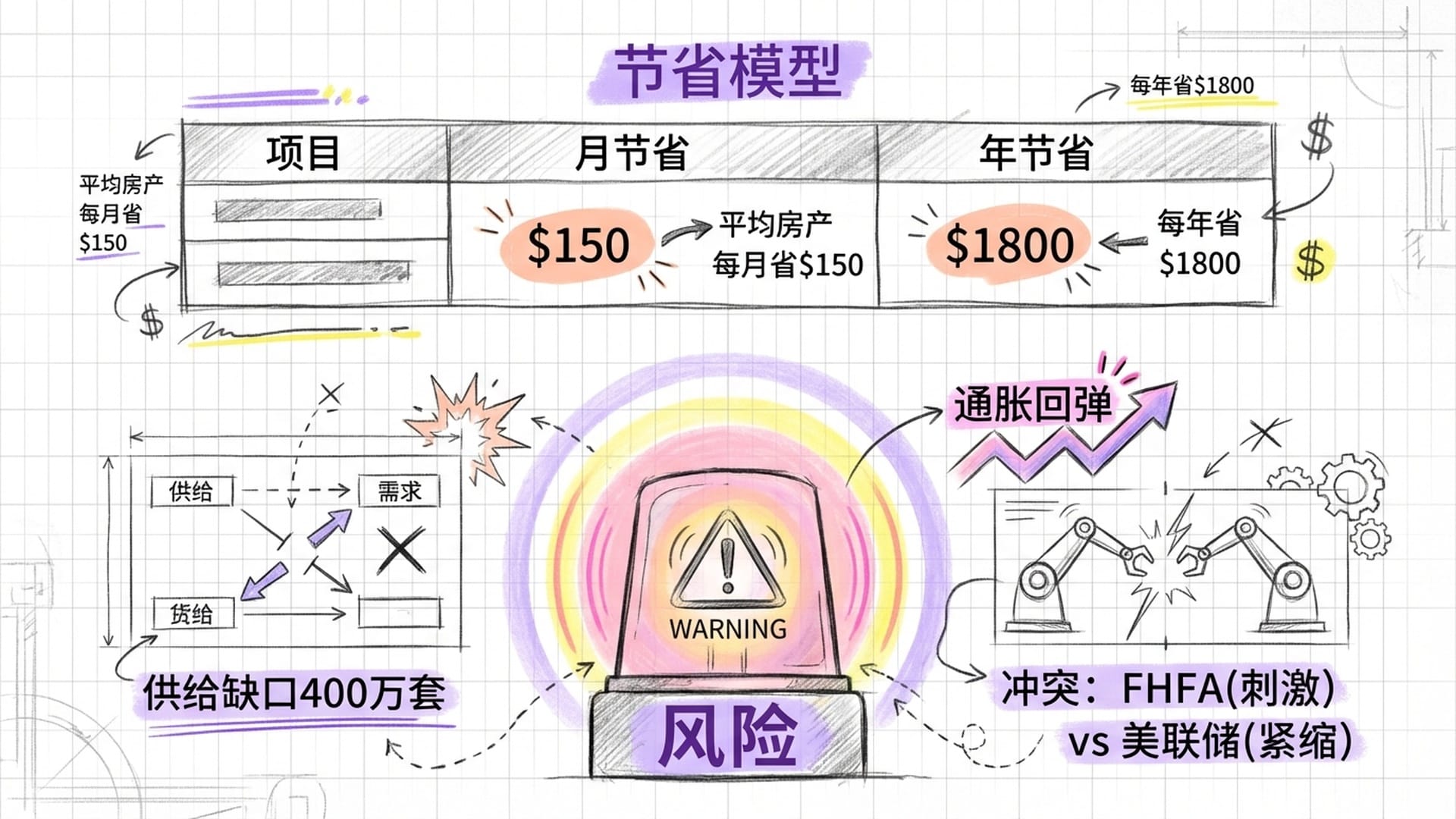 一个对比表格,展示不同房型在利率下调后的节省金额。下方是红色的通胀警告灯在闪烁。