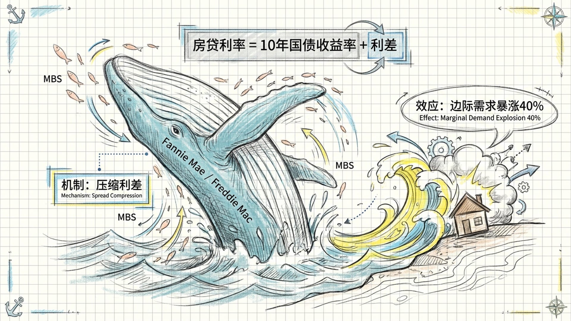 一个巨大的蓝色鲸鱼(房利美/房地美)跃入充满MBS鱼群的海洋,激起的浪花冲向岸边的一个小房子。