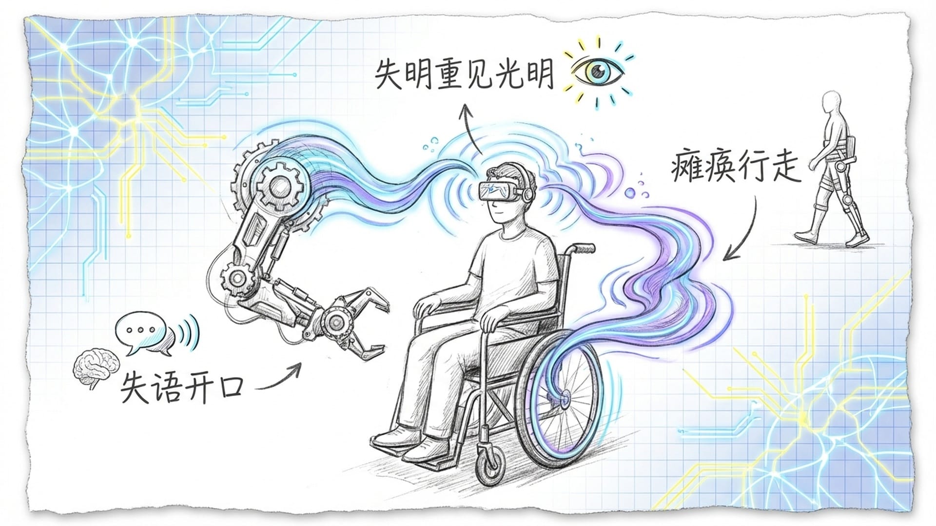 残障人士使用意念控制机械臂或轮椅，背景是发光的神经元网络，充满希望。