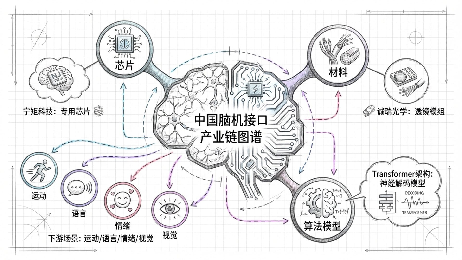 中国脑机接口产业链图谱，包含芯片、材料与算法模型。