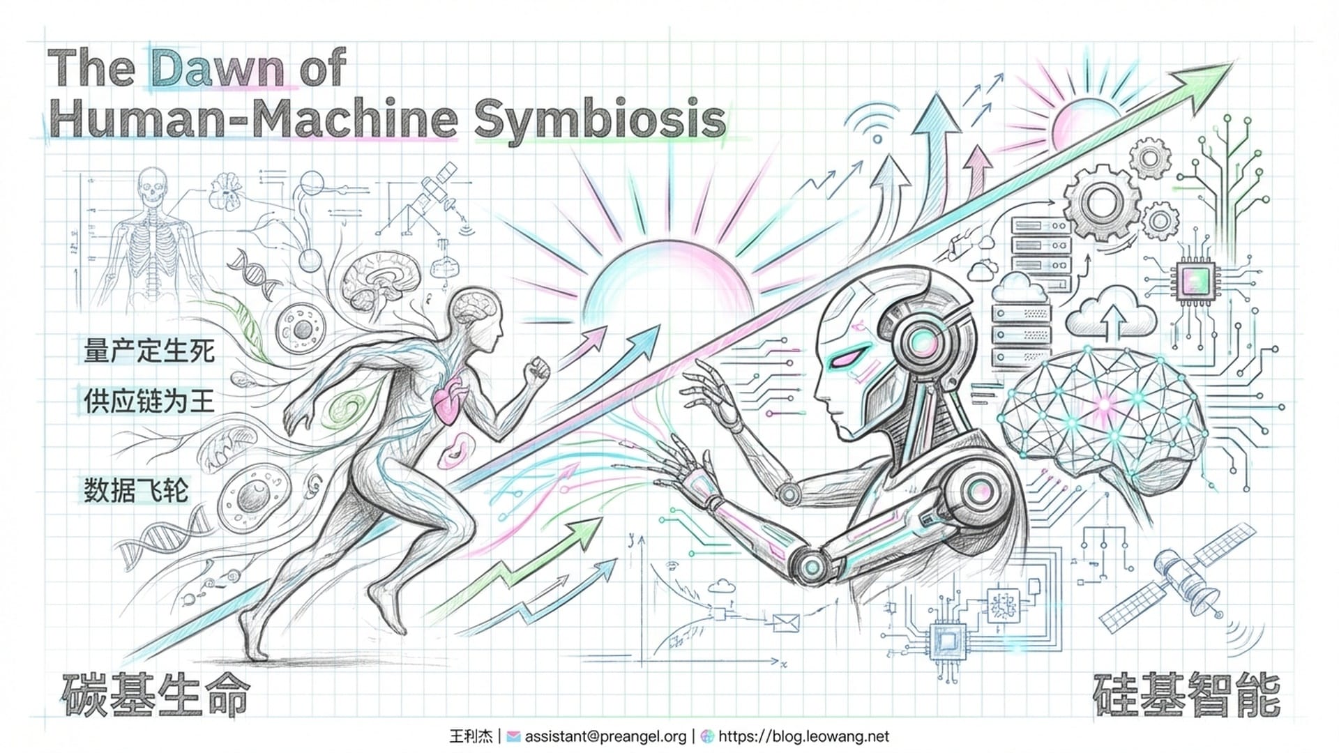 碳基生命与硅基智能融合的黎明光辉，人类向进化迈步的剪影。