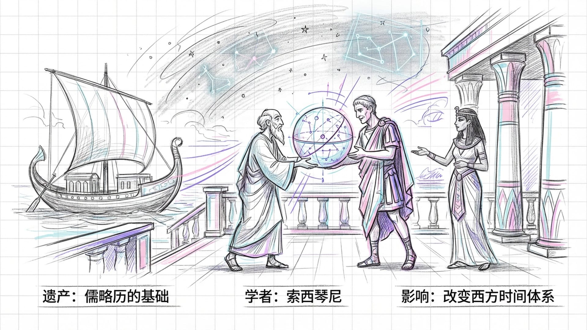尼罗河上的奢华巨轮，星空下学者索西琴尼在为恺撒演示历法球，克利奥帕特拉在一旁引荐。