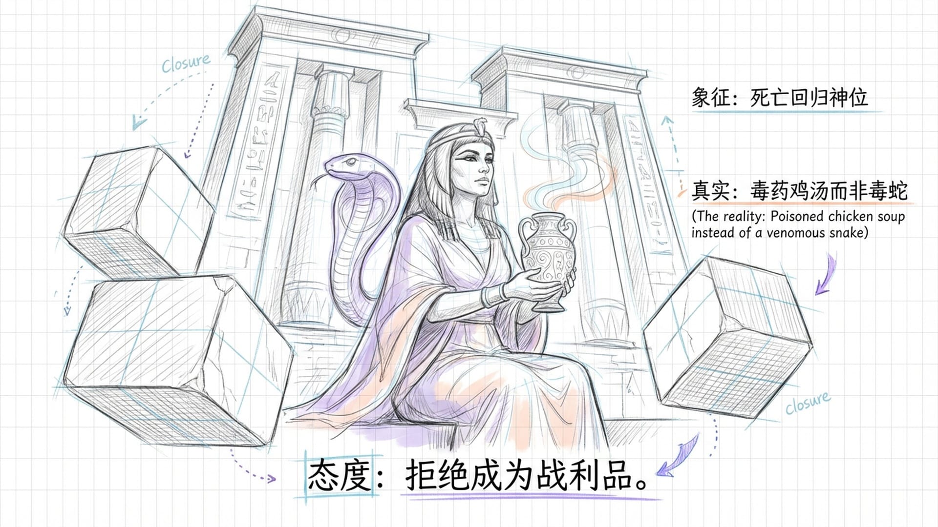 女王手持华丽的剧毒器皿，背景是埃及圣蛇乌拉乌斯的符号，神庙的石墙正在缓缓闭合。