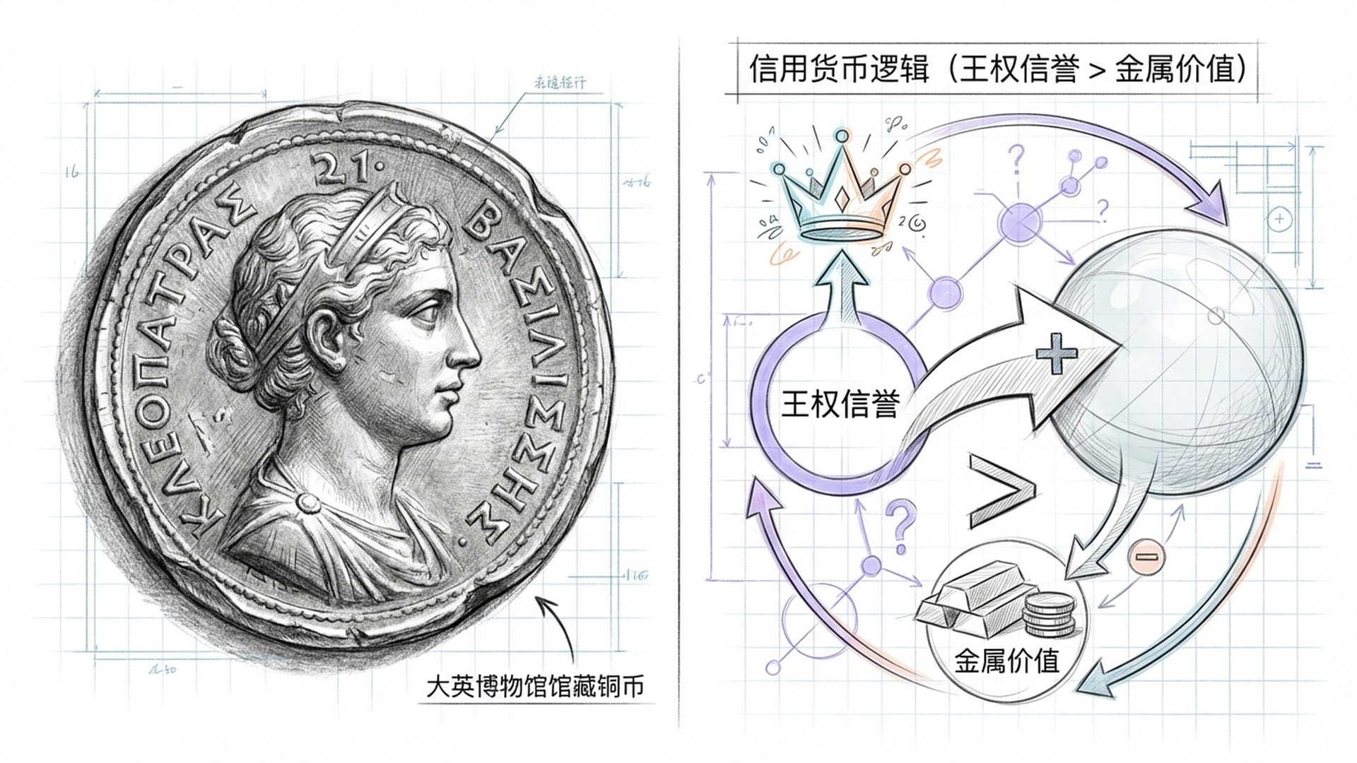 特写镜头：一枚印有希腊字母标记的古铜币，光线照在其金属质感上，背景是计算账簿的纸草书。