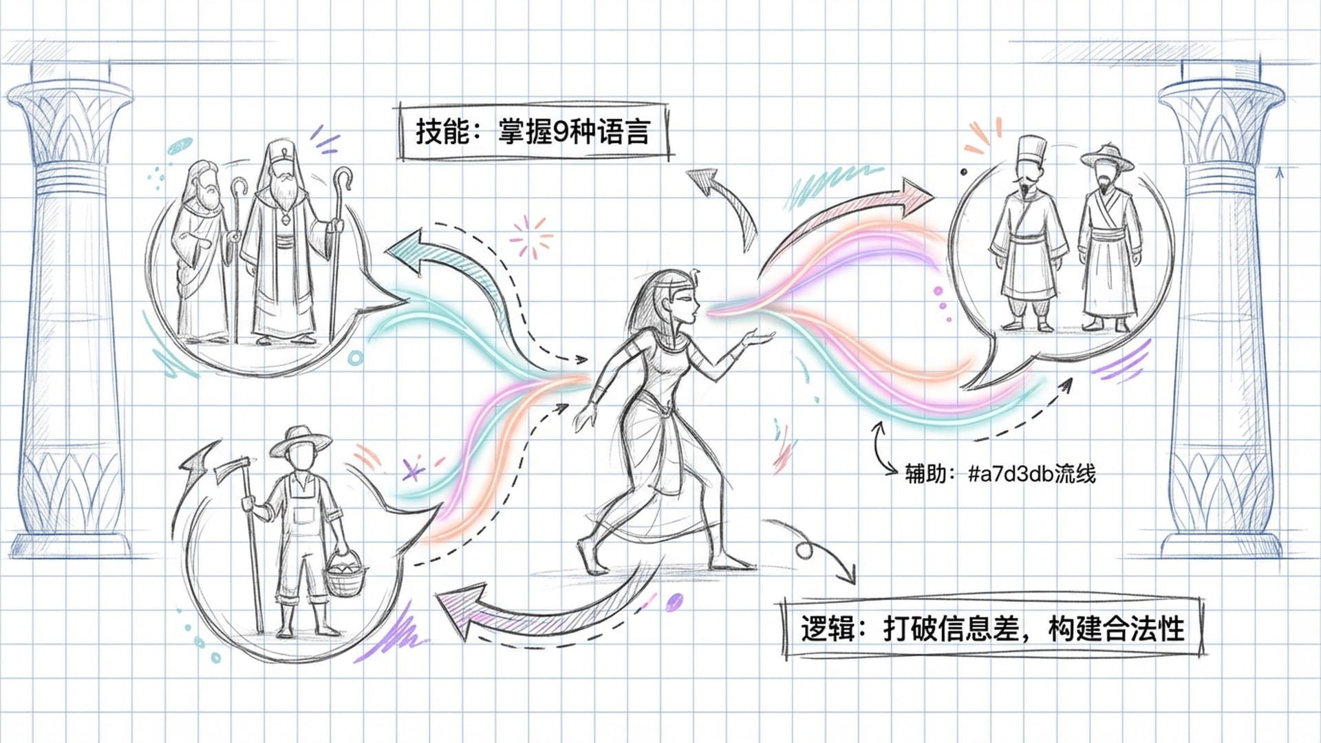 女王在祭司、农民和外国使节之间穿梭，口中吐出代表不同语言的彩色光流，背景是神庙的巨大石柱。