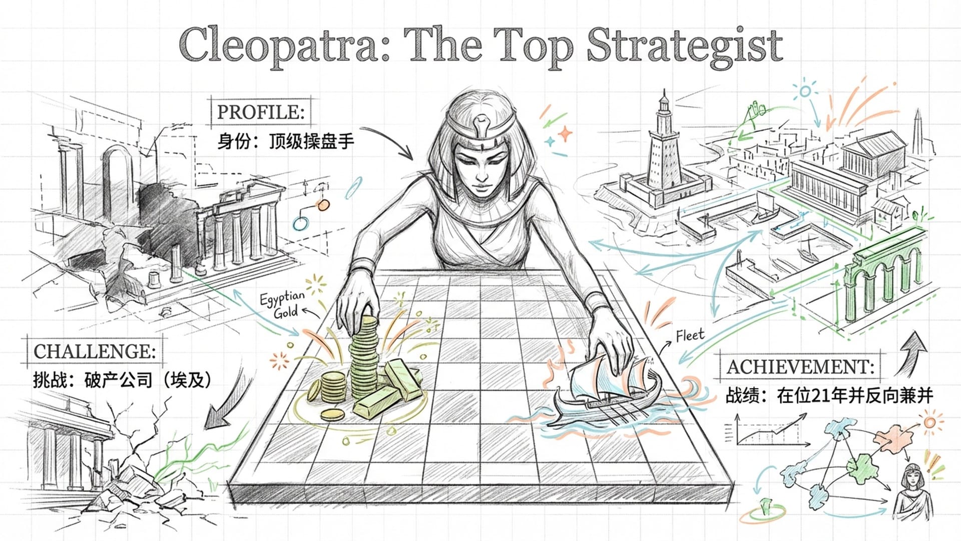 克利奥帕特拉坐在巨大的棋盘前，她手中的棋子是埃及的黄金和船队，背景是破败又逐渐复兴的亚历山大城。