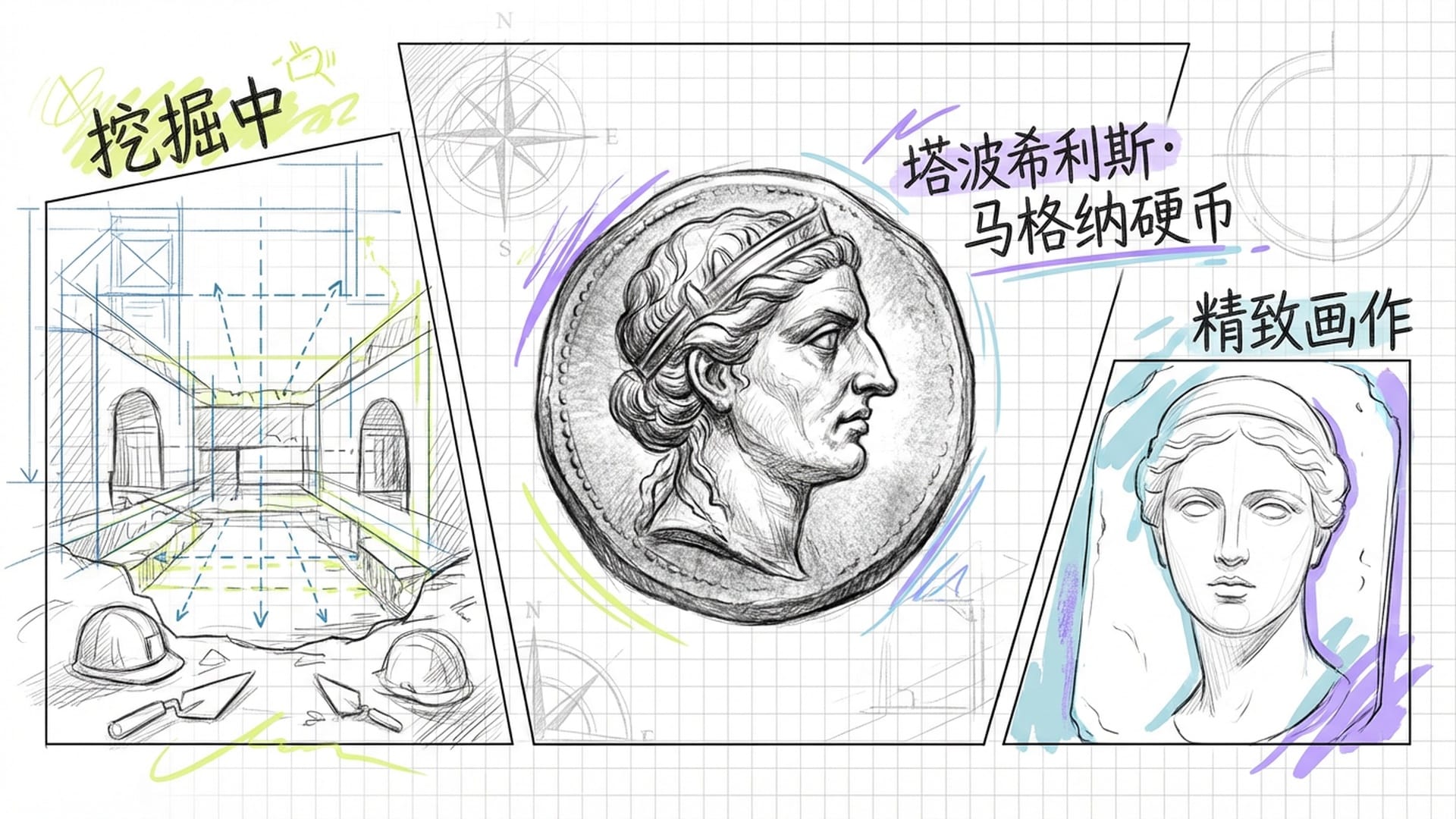 历史灰烬中浮现的真实硬币，女王的侧颜有着明显的鹰钩鼻，与精致的画作形成鲜明对比，背景是正在挖掘的神庙隧道。