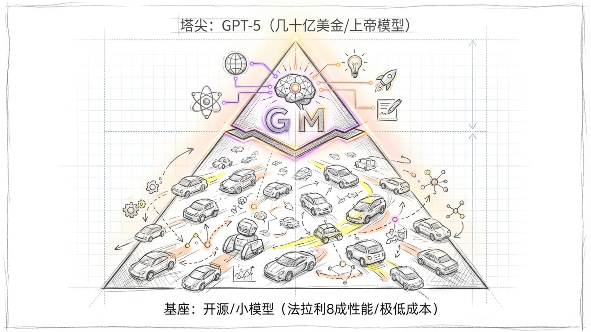 金字塔模型：塔尖是极少数‘上帝模型’，基座是无数轻量化‘奥拓级’买菜车模型。