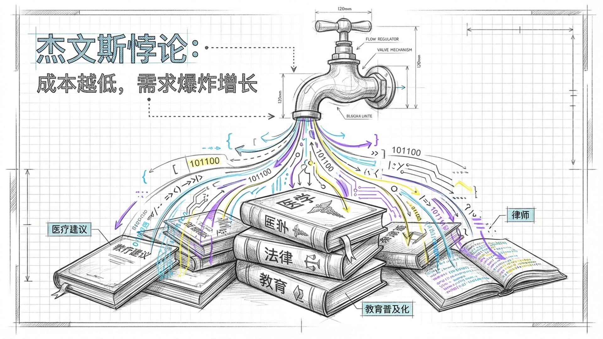 一个像自来水管开启的水龙头，流出的不是水而是象征逻辑的代码，覆盖了医疗、法律的书本。