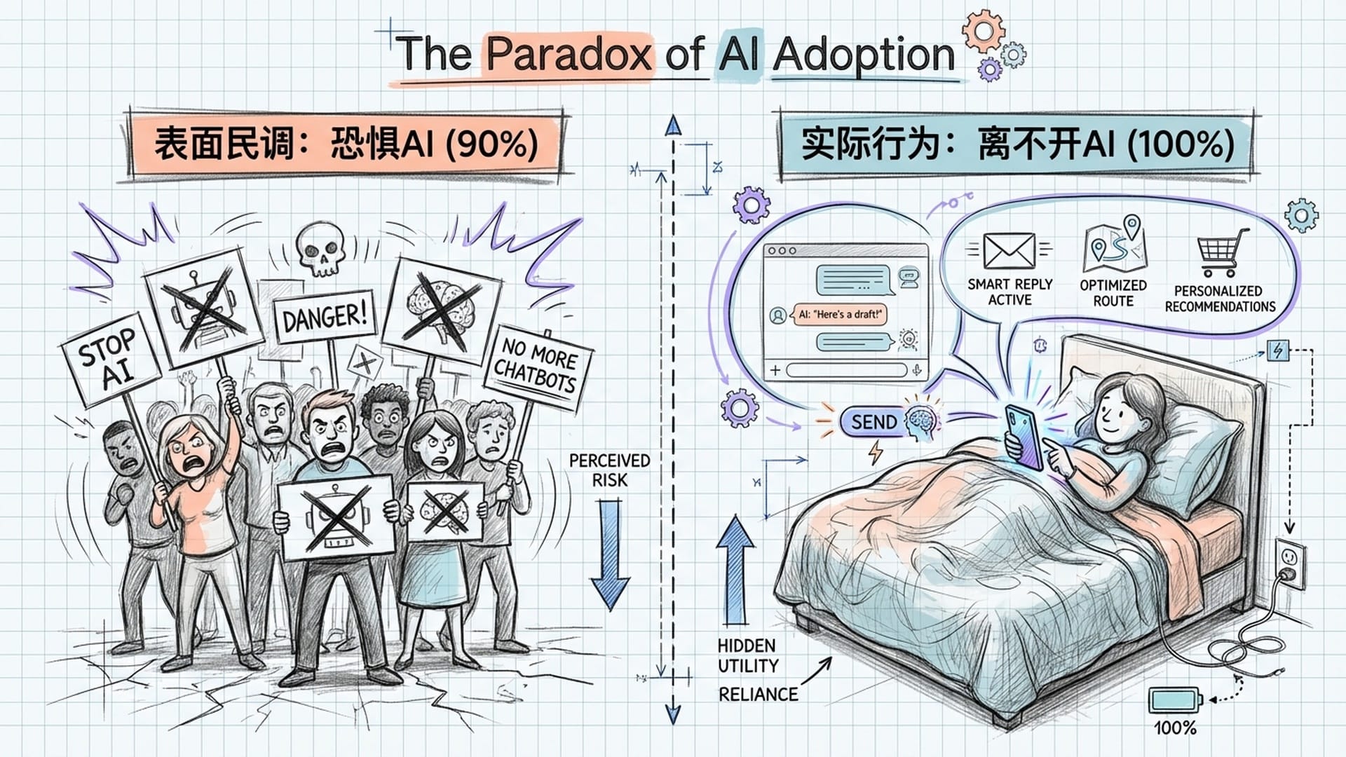 滑稽的对比图：一边是人们在抗议AI的漫画，一边是同样的人在被窝里用手机请AI帮自己回女朋友信息。