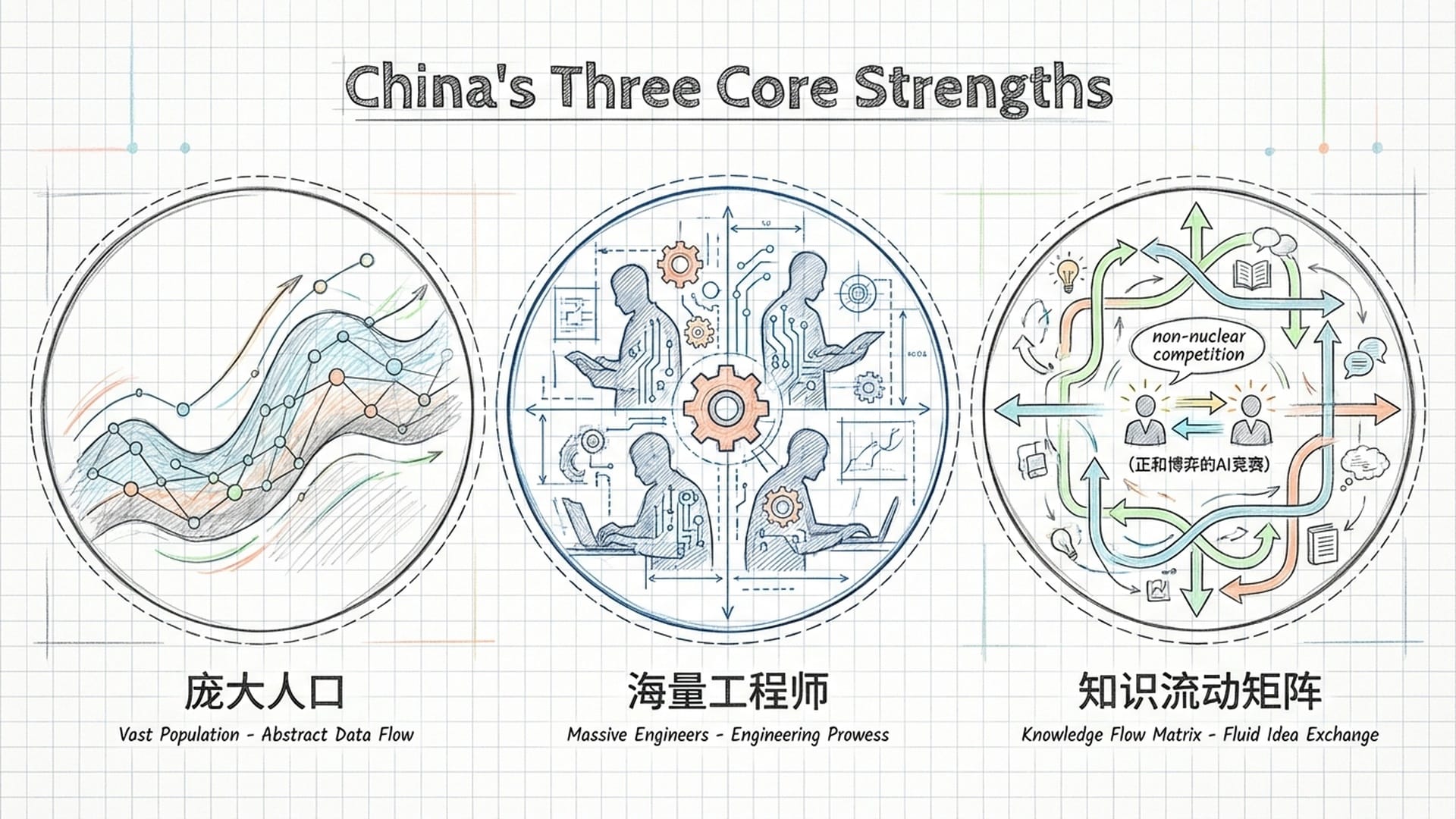 三个等大的圆形图标：庞大人口（数据）、海量工程师（弹药）、知识流动矩阵（非核竞赛）。
