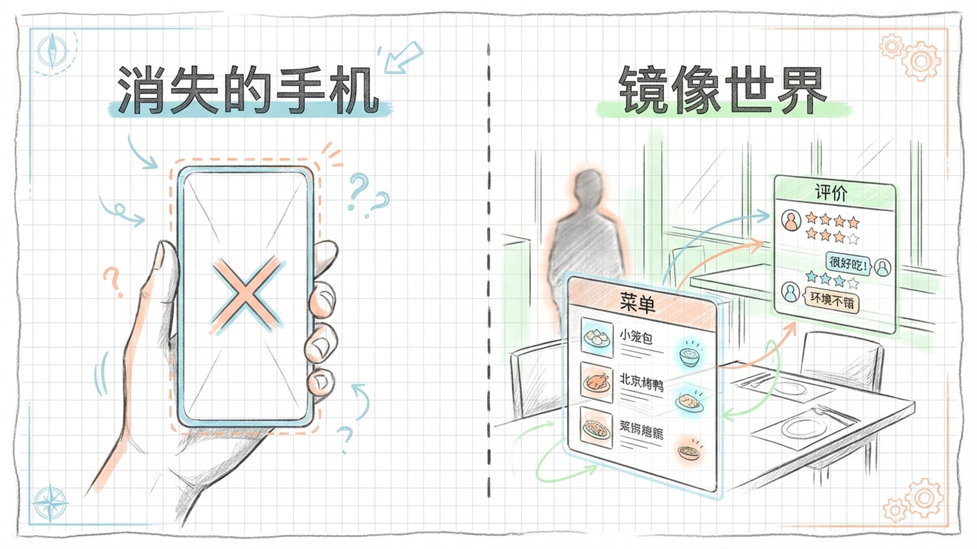佩戴超薄AR眼镜的视角，现实餐厅中悬浮着数字信息流，物理世界被刷上了一层“数字油漆”。