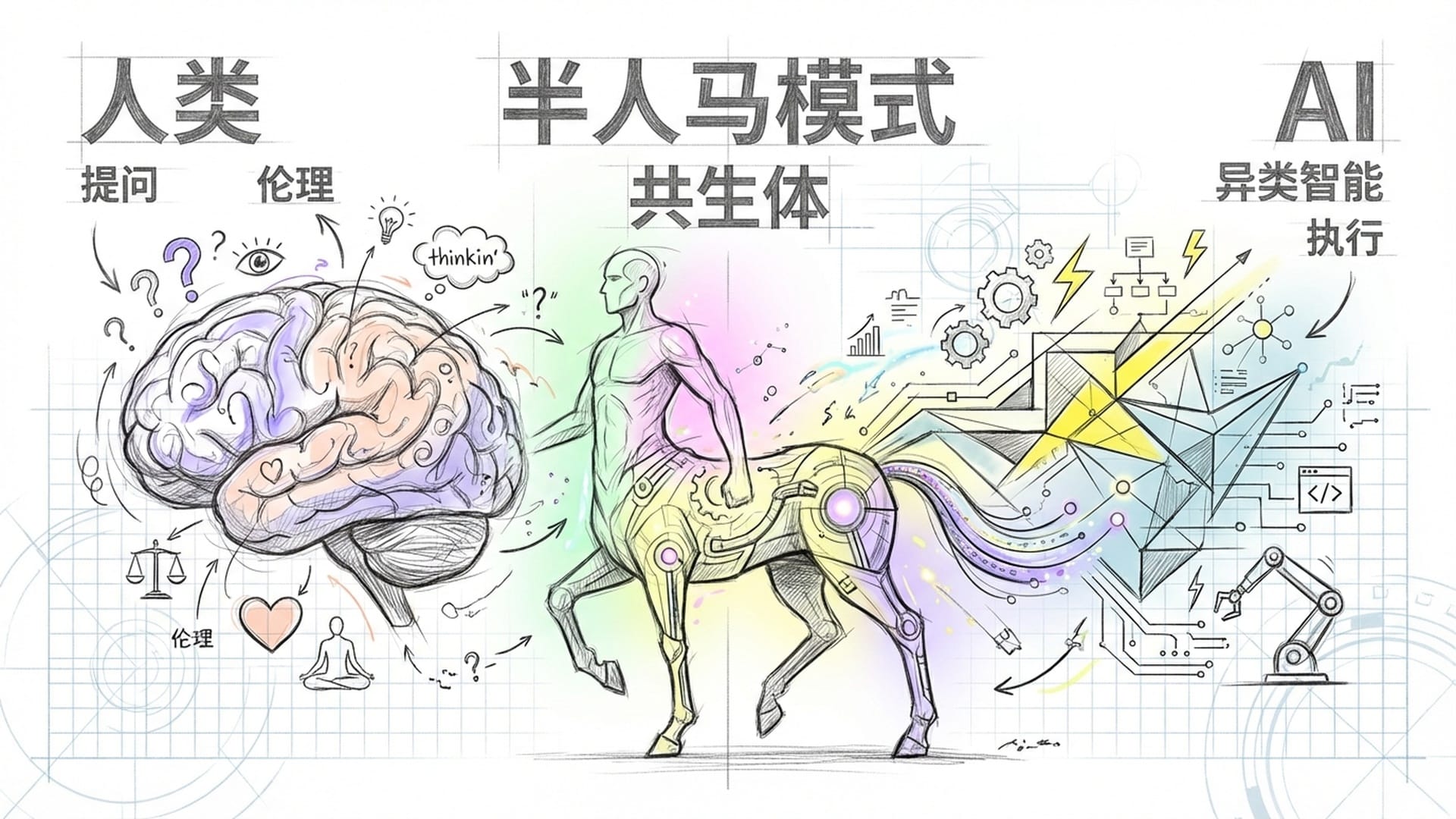 半人半马的希腊神话造型与数字线条结合，人脑与异类智能（AI）的逻辑碰撞。