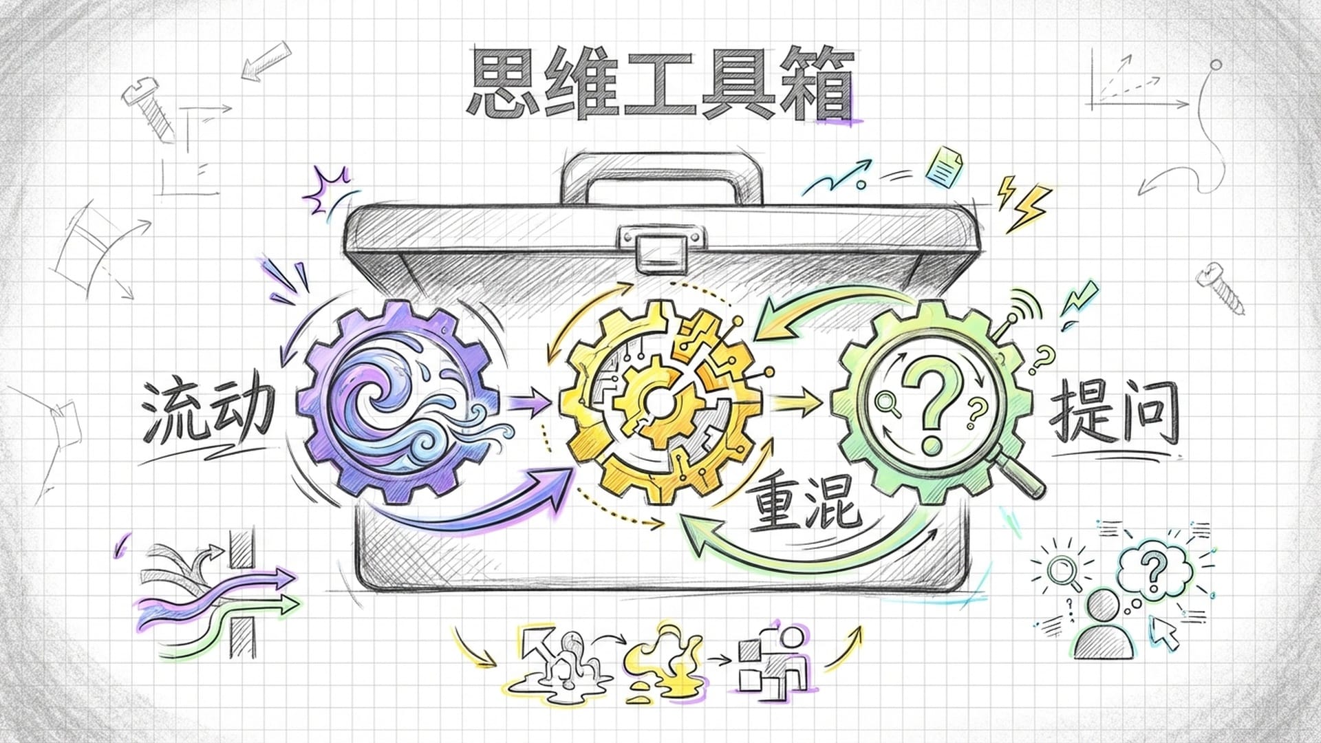 工具箱图标，内含“流动”、“重混”、“提问”三个齿轮，正在啮合转动。