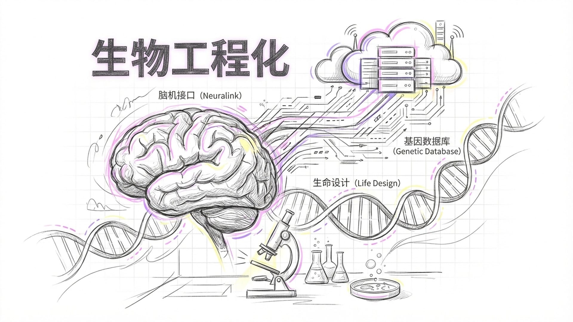 大脑神经元与云端数据链路连接，DNA双螺旋结构，实验室中的基因编辑示意图。
