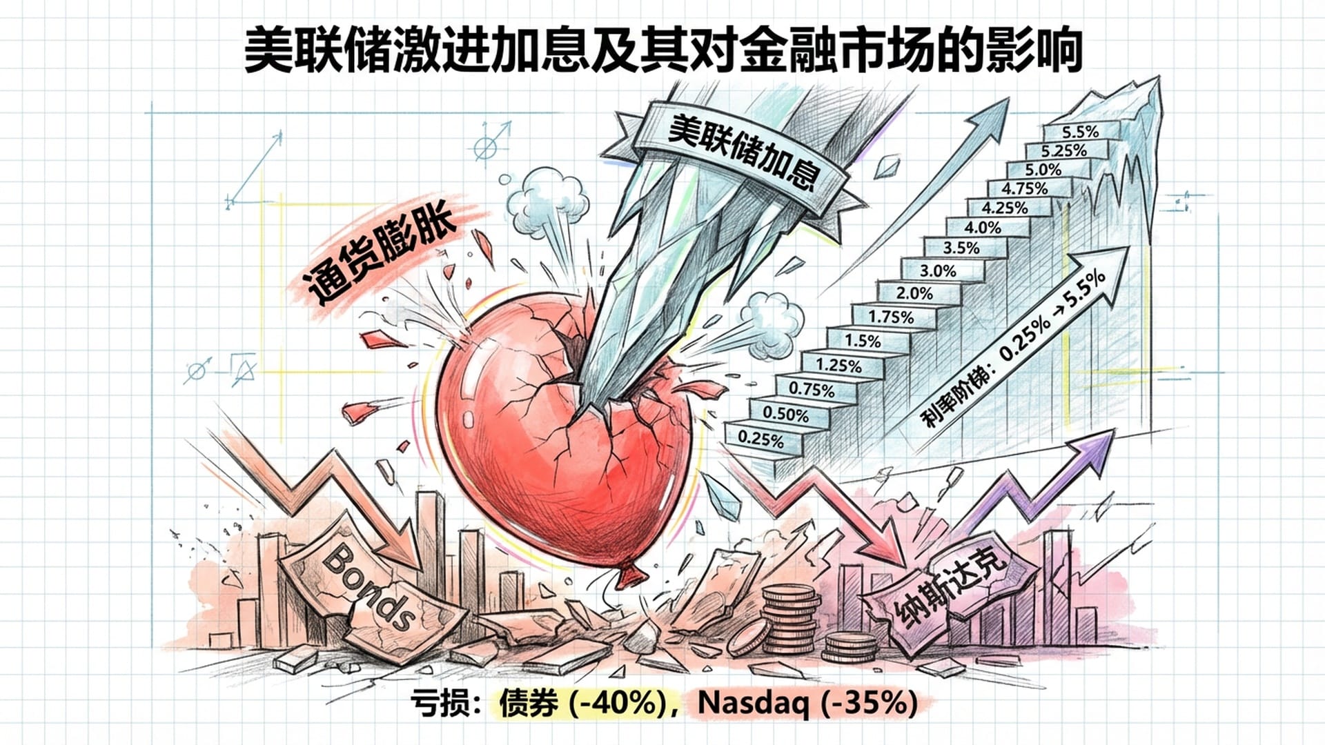一根巨大的降温冰柱刺破红色的通胀气球，代表美联储疯狂加息的阶梯图，市场资产价格一片惨淡的红色。