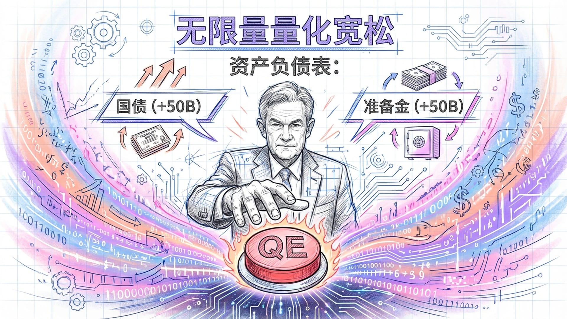 美联储鲍威尔按下一个红色的“QE”按钮，巨大的光圈向外扩散，象征无限量的资金流从数字虚空产生。
